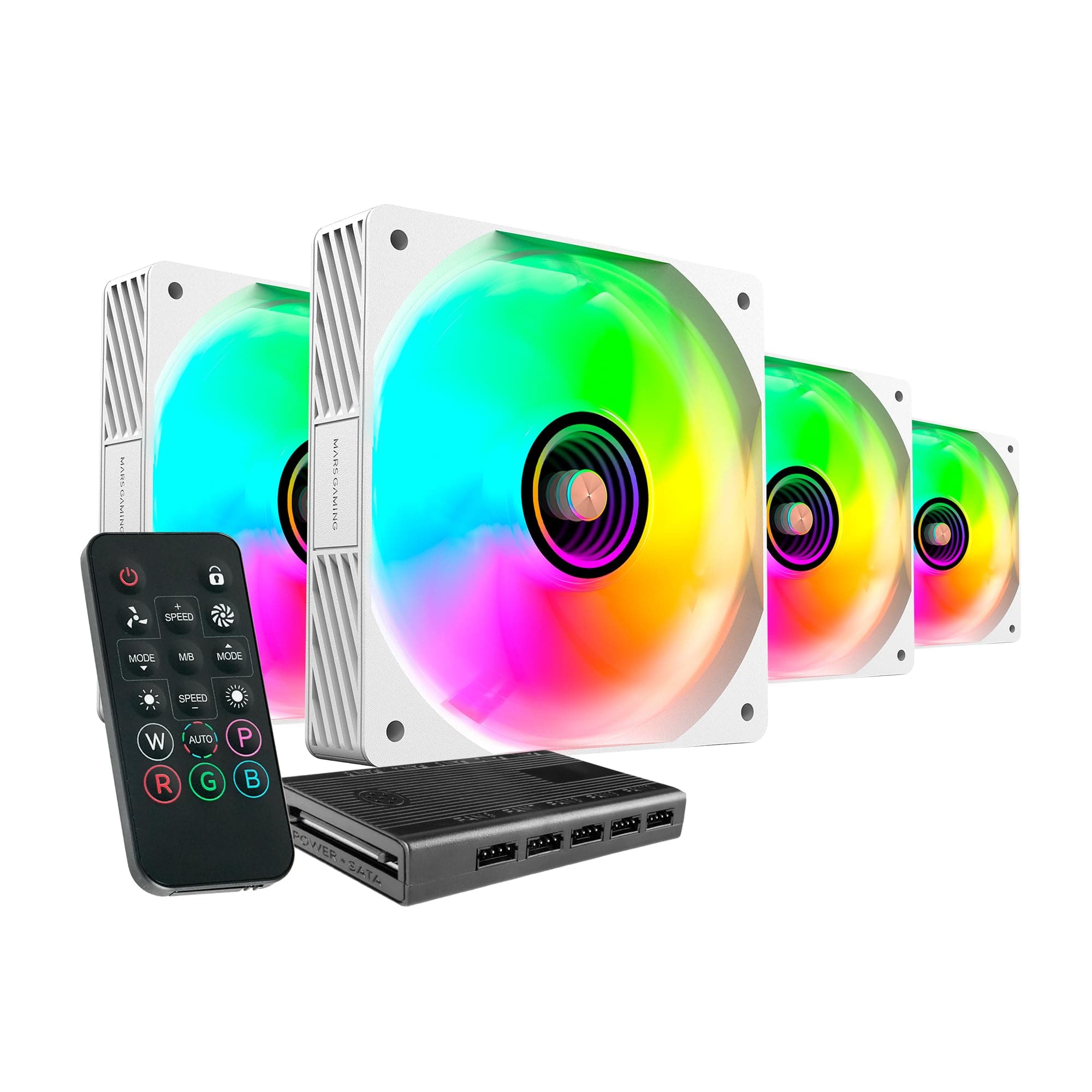 Mars Gaming MF-SI4KIT, Kit 4x Ventiladores Ultrasilenciosos 120mm, Iluminación ARGB Infinity Mirror, Rodamientos FDB y Núcleo de Cobre, Mando a Distancia y HUB, Compatibilidad Total ARGB, Blanco