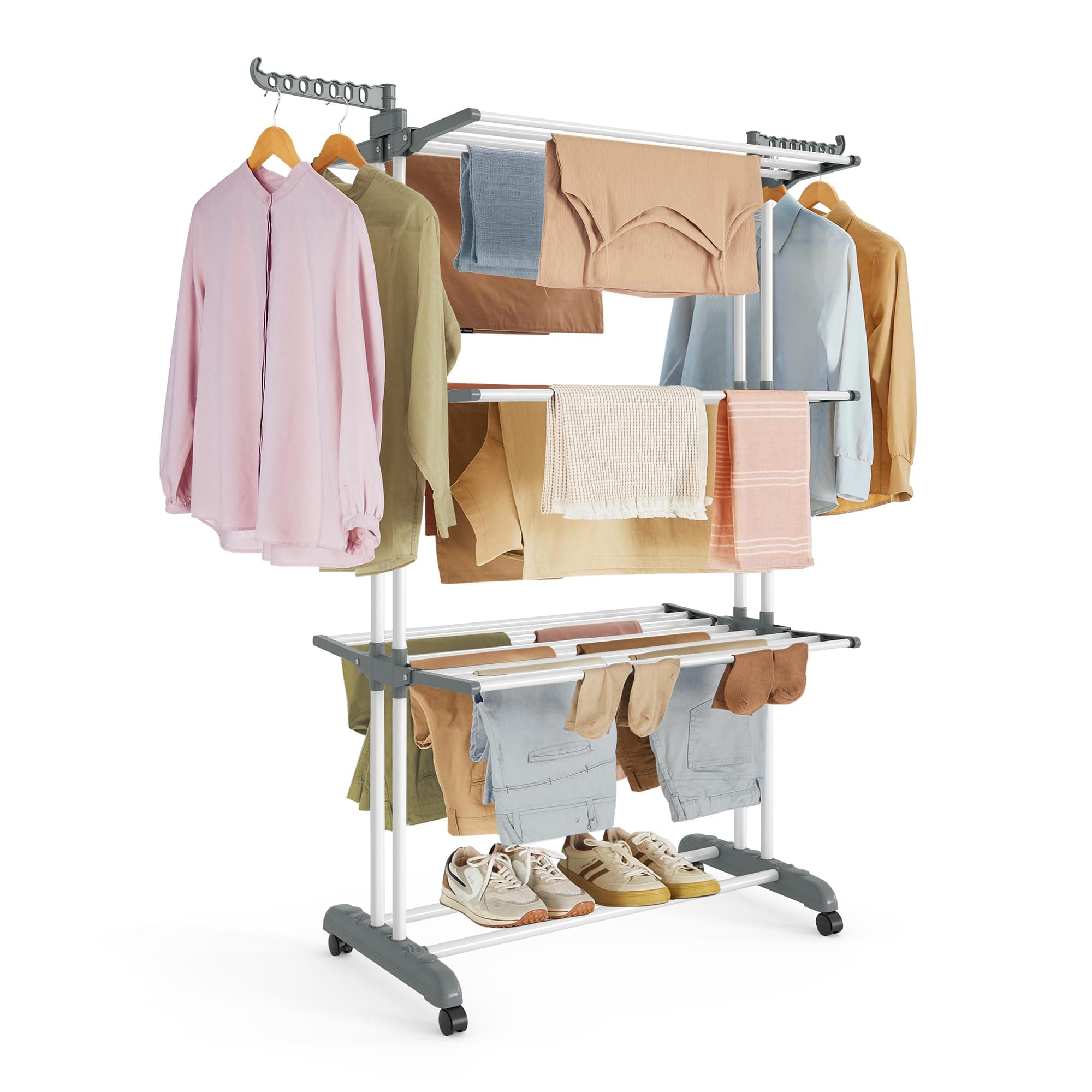 SONGMICS Étendoir à Linge, Séchoir Mobile à 4 Niveaux, avec roulettes, Pliable, 63,5 x 128 x 173 cm, Grande Capacité, Montage Facile, Utilisation Intérieure et Extérieure, Blanc LLR701W01