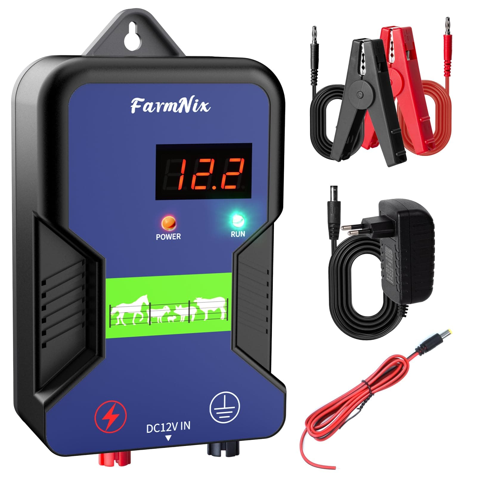 FarmNix Pastor eléctrico, controlador de cerca eléctrica 1.5J~2 J / 12KV, 15KM fuente de alimentación enchufable para prevención de vida silvestre, granjas, aves de corral y jardines