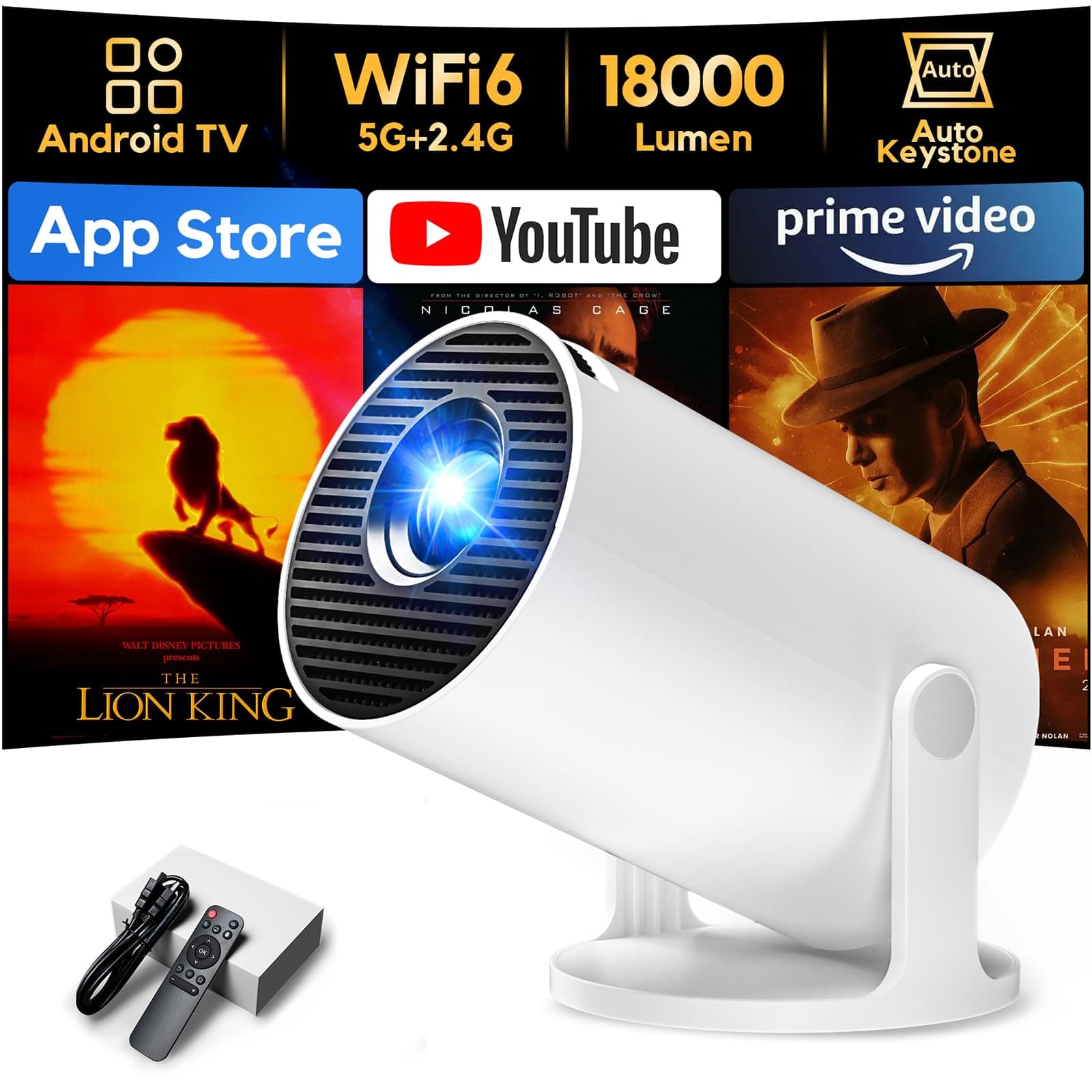 [App Integrada & Auto Keystone] Proyector Portátil con WiFi6 Bluetooth 5.4, AKIYO O2 Mini Proyector con Smart OS Full HD 1080P Soporte, 180° Rotation, Compatibile con HDMI/Smartphone/USB/Laptop/PS5