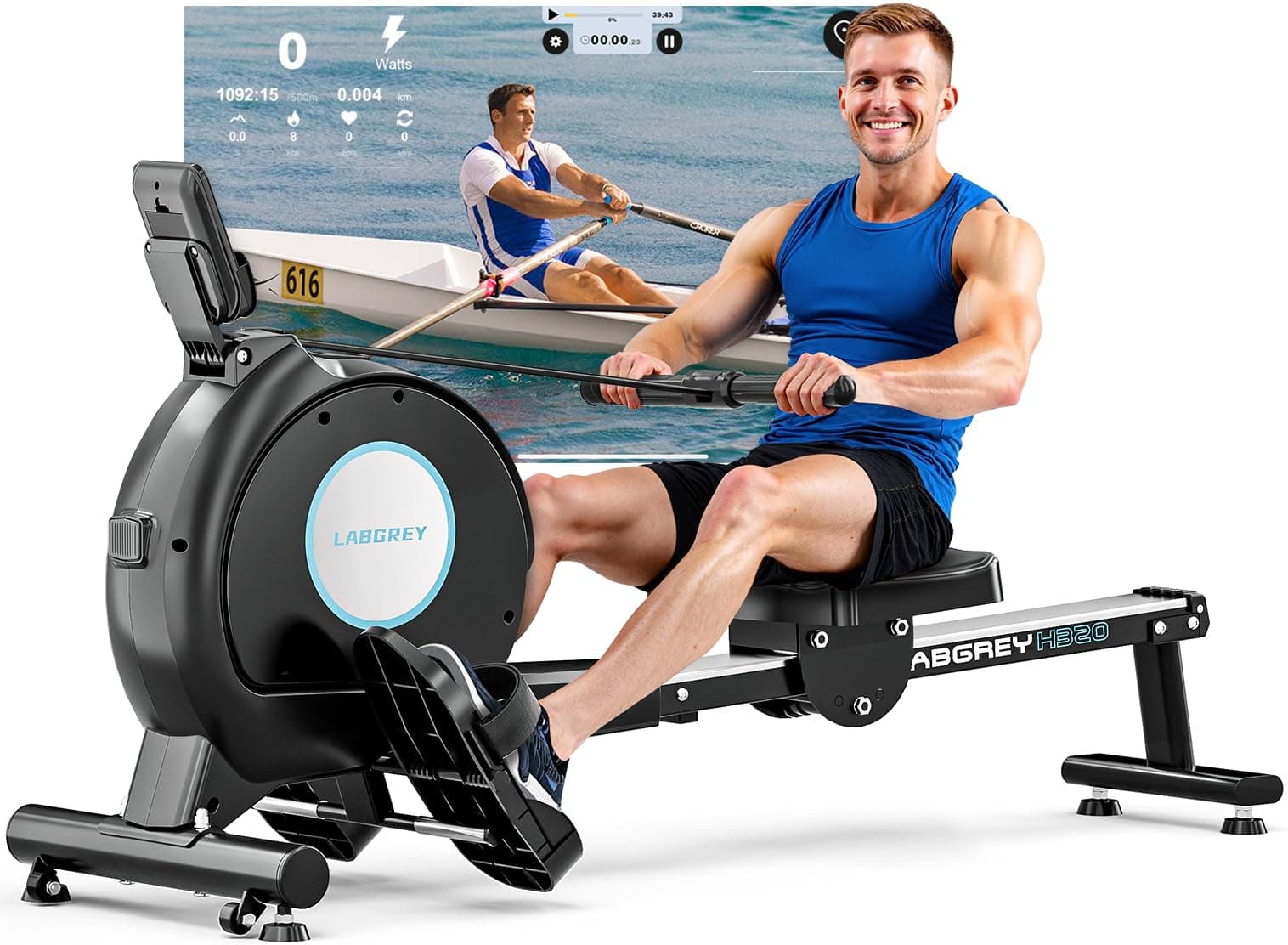 LABGREY Rameur Magnétique D'appartement, Rameur Bluetooth, Écran LCD, Silencieux, Capacité Maximale 158 kg, Idéal pour l’Entraînement Cardio à Domicile