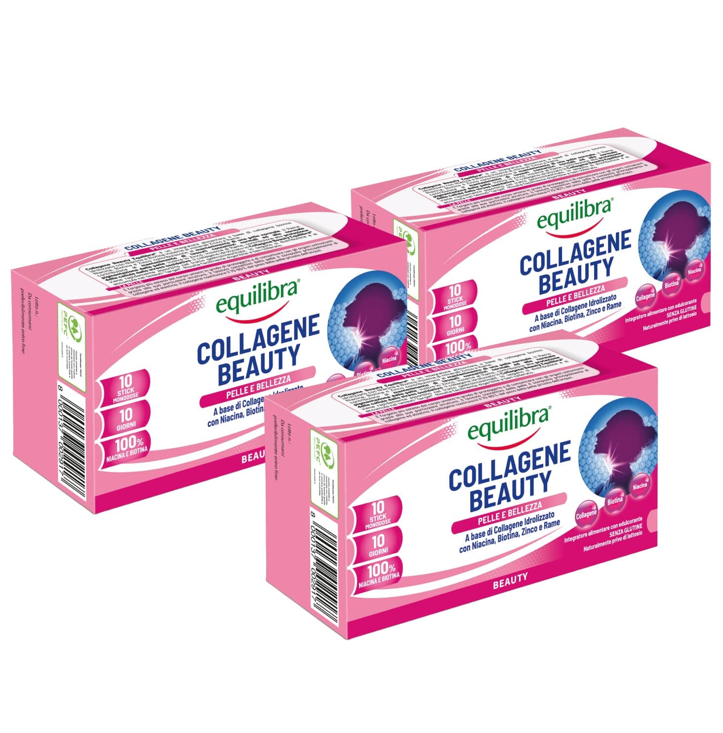 Equilibra Integratori Alimentari, Collagene Beauty, Integratore per la Pigmentazione della Pelle a Base di Collagene Idrolizzato, Rame e Zinco, Senza Glutine, 3 Pezzi da 10 Stickpack Monodose