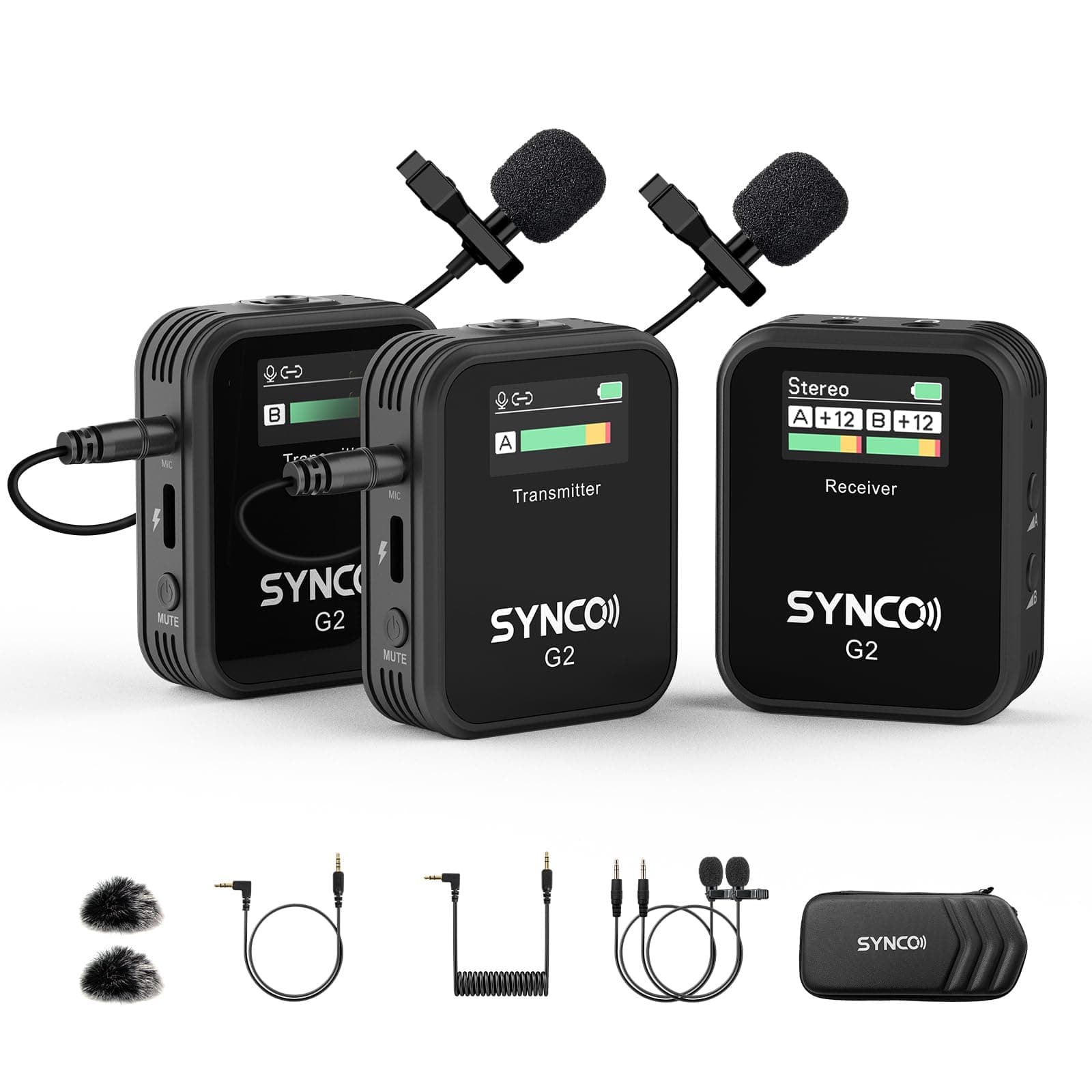SYNCO G2(A2) Micro Cravate sans Fil, Lavalier Microphone 2.4G 200M 8H Annulation Bruit pour Caméra DSLR Smartphone Tablette PC Youtube Vlogging Streaming