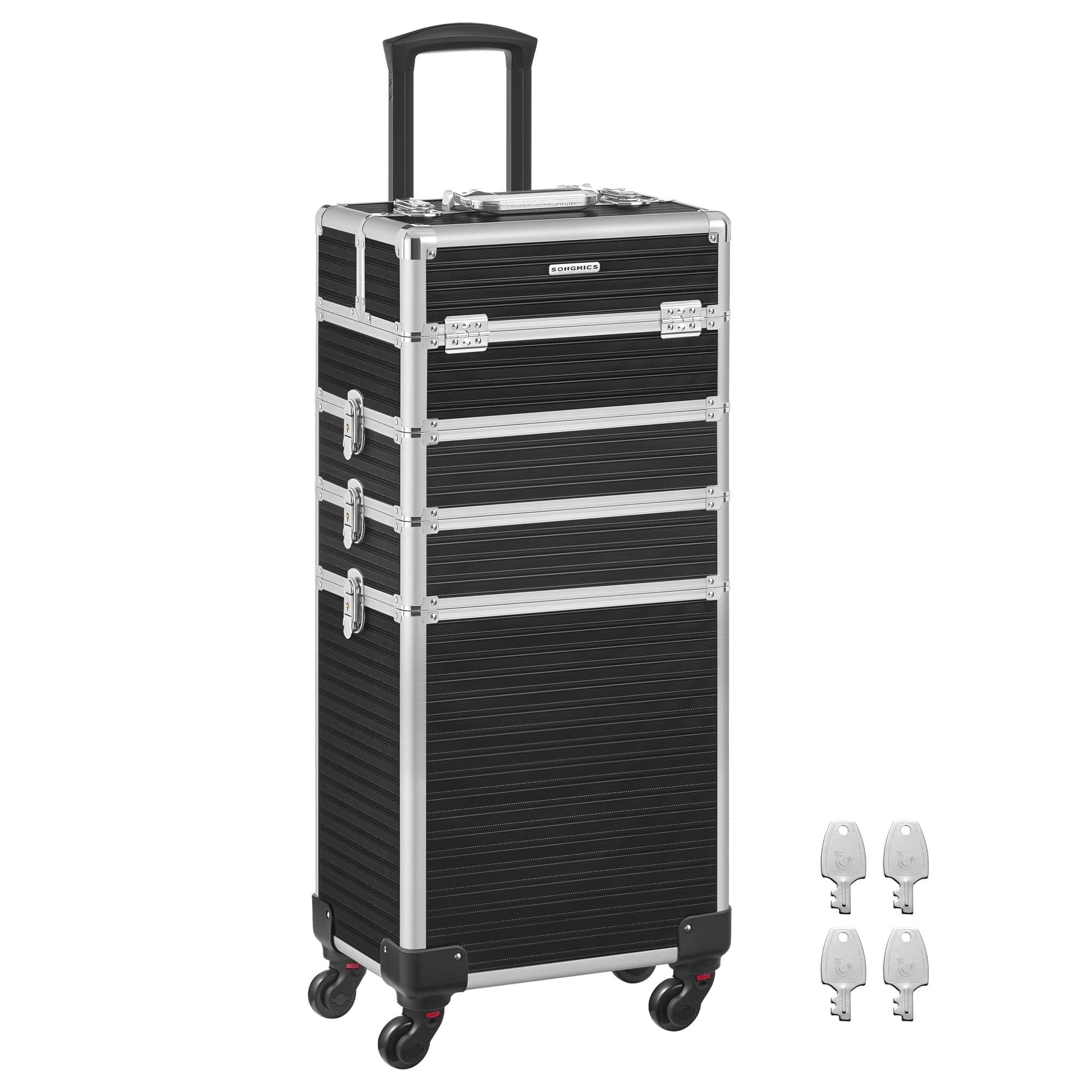 SONGMICS Valise de Maquillage Professionnel 4-en-1, Mallette Cosmétique, XXL, 34 x 24 x 79,3 cm, Verrouillable, roulettes à 360°, pour Voyages, Manucure, Maquilleur, Coiffure, Noir JHZ015B01