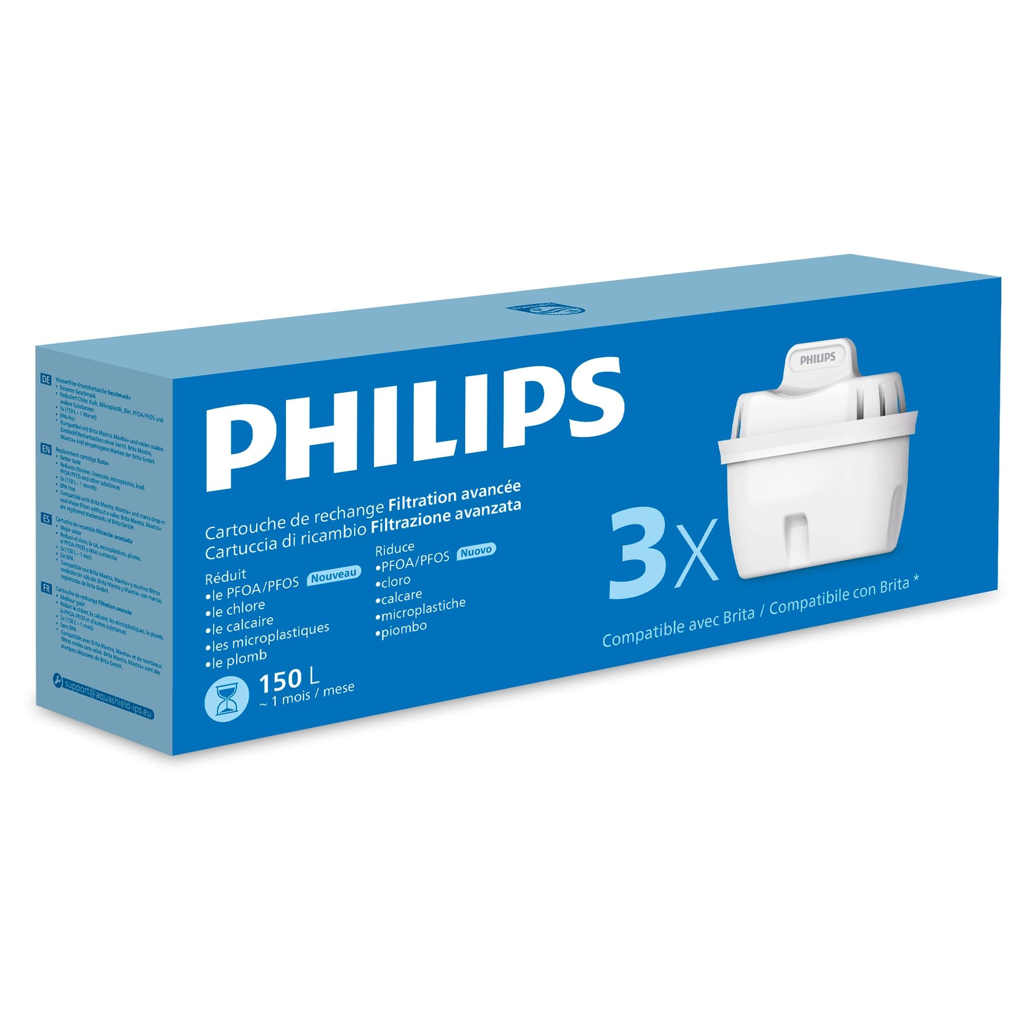 Philips Water Cartucce filtranti sostitutive Filtrazione Avanzata, 3 unità, riducono MICROPLASTICA, CLORO, CALCARE, METALLI PESANTI, LA CONFEZIONE PUO VARIARE, Compatibile con Brita*