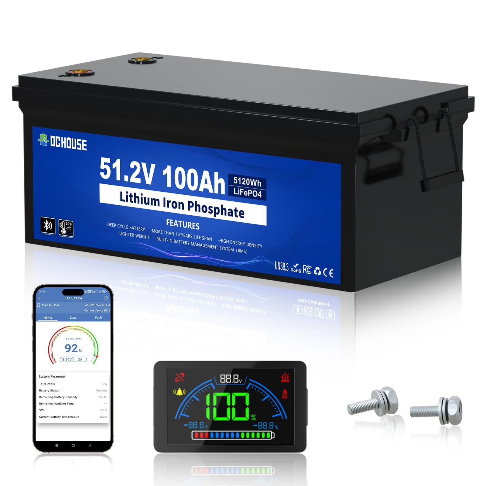 DCHOUSE Batería para carrito de golf de 48V y 100Ah, BMS integrado, monitor LCD y aplicación móvil Bluetooth, corriente máxima de 600A, hasta 15000 pilas de litio para sistemas solares