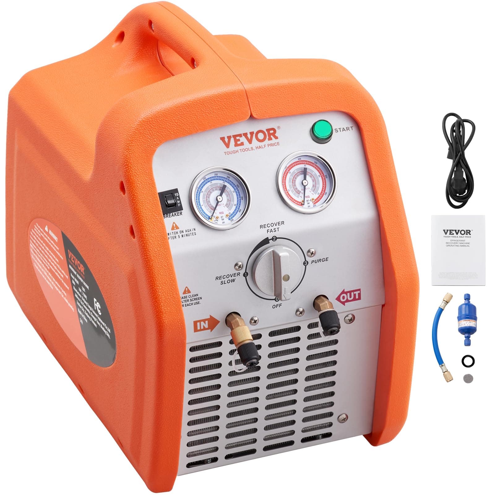 VEVOR Macchina Portatile per Recupero di Refrigeranti III IV V 1CV Velocità di Rotazione 1750 giri/min, Recuperatore Cilindro Doppio per Refrigeranti con Manometro Protezione Alta Pressione 38,6 bar