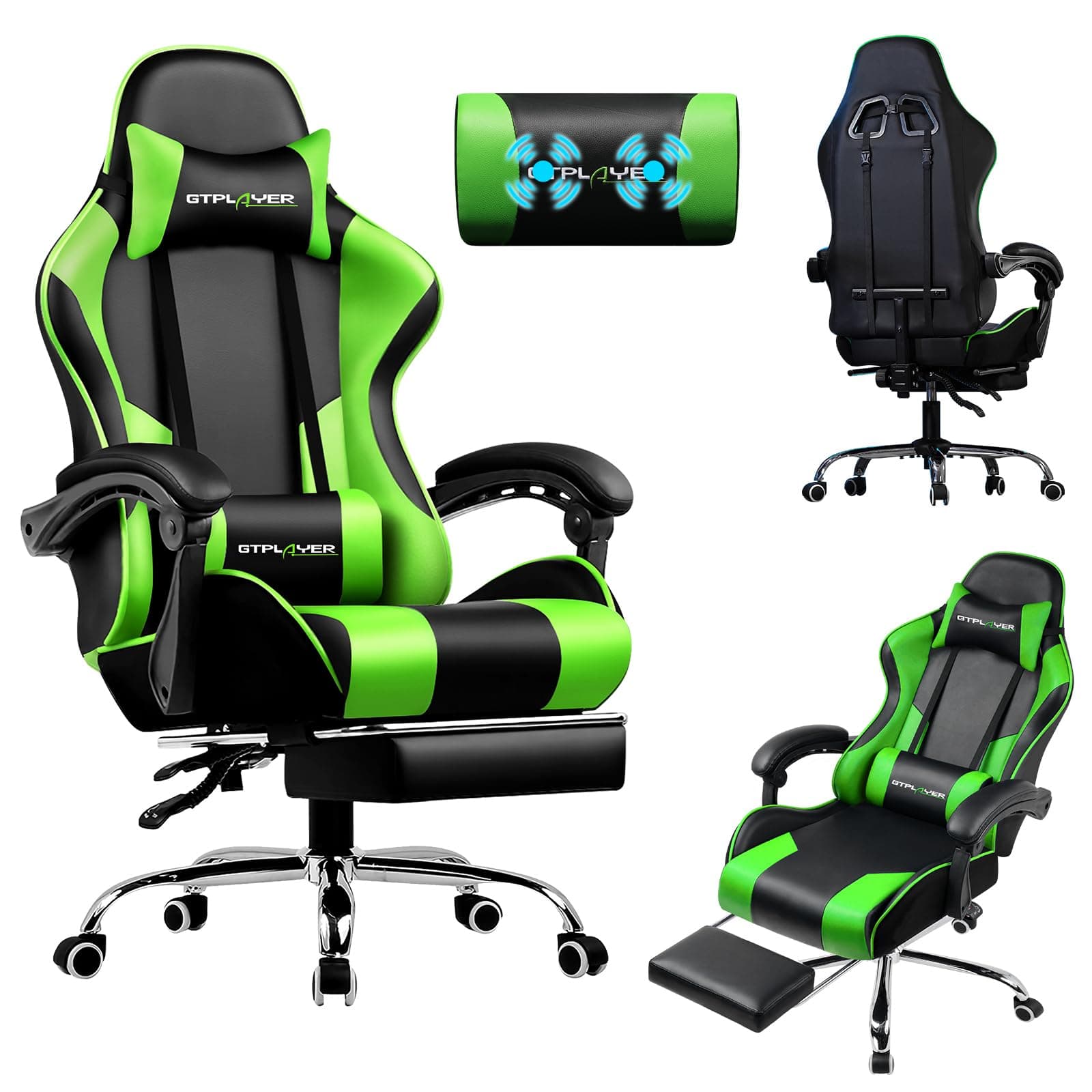 LUCKRACER Silla Gaming con Masaje Ergonómica | Reposapiés y Reposacabezas Retráctil | Soporte 150 kg | Oficina y Hogar | Color Verde