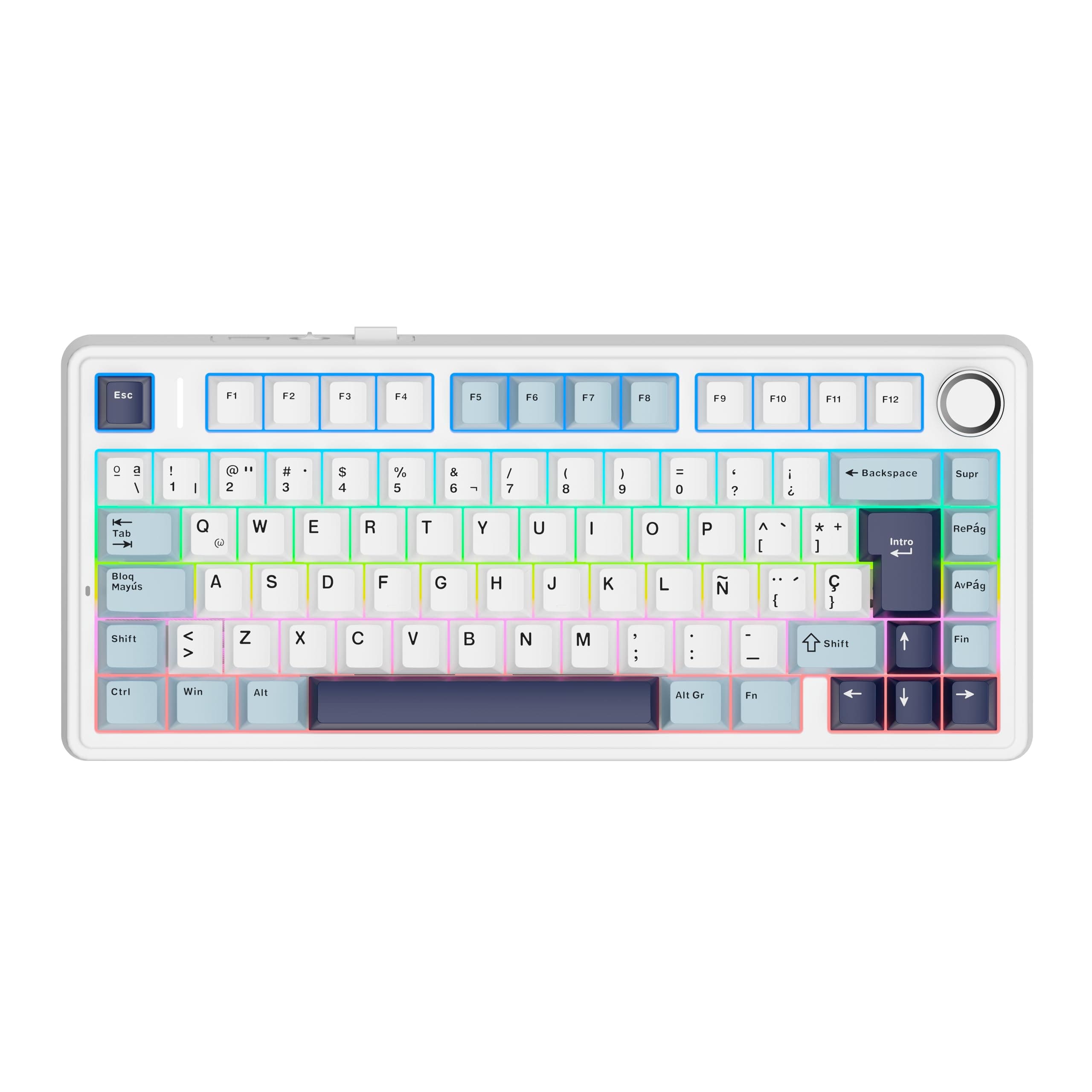EPOMAKER Aula F75 ISO-ES Teclado Mecánico Español con Perilla, Teclado Inalámbrico Gaming, BT/2.4G/USB, Gasket Cremoso, Retroiluminación RGB, Hot-Swap, 75%, PBT Keycap (Azul Blanco)
