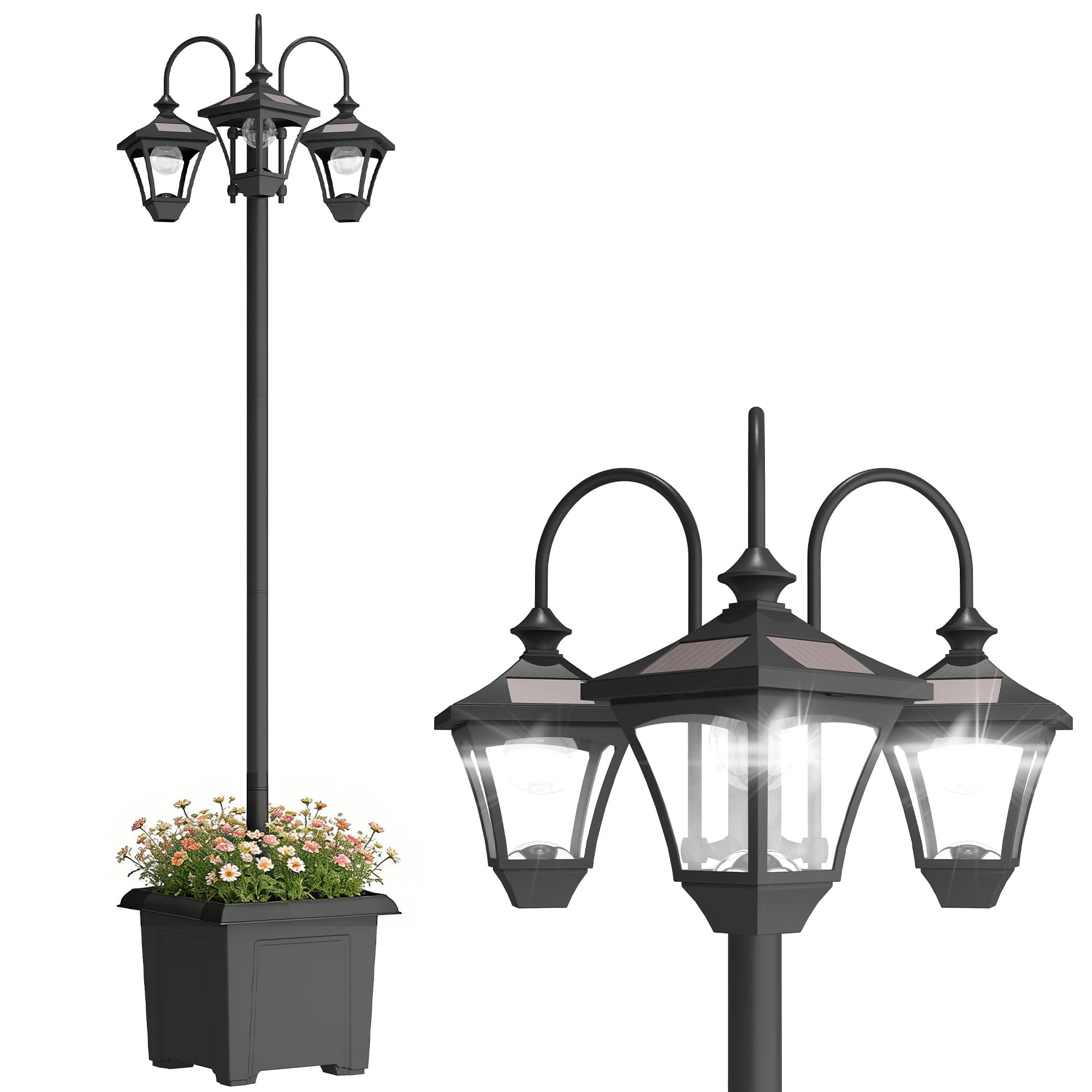 Outsunny Lampadaire Extérieur sur Pied à 3 Têtes, Lampadaire Solaire Extérieur avec Bac à Fleurs, Éclairage LED, Capteur Automatique Crépuscule à L'aube, Hauteur Réglable, pour Jardin Cour Allée, Noir