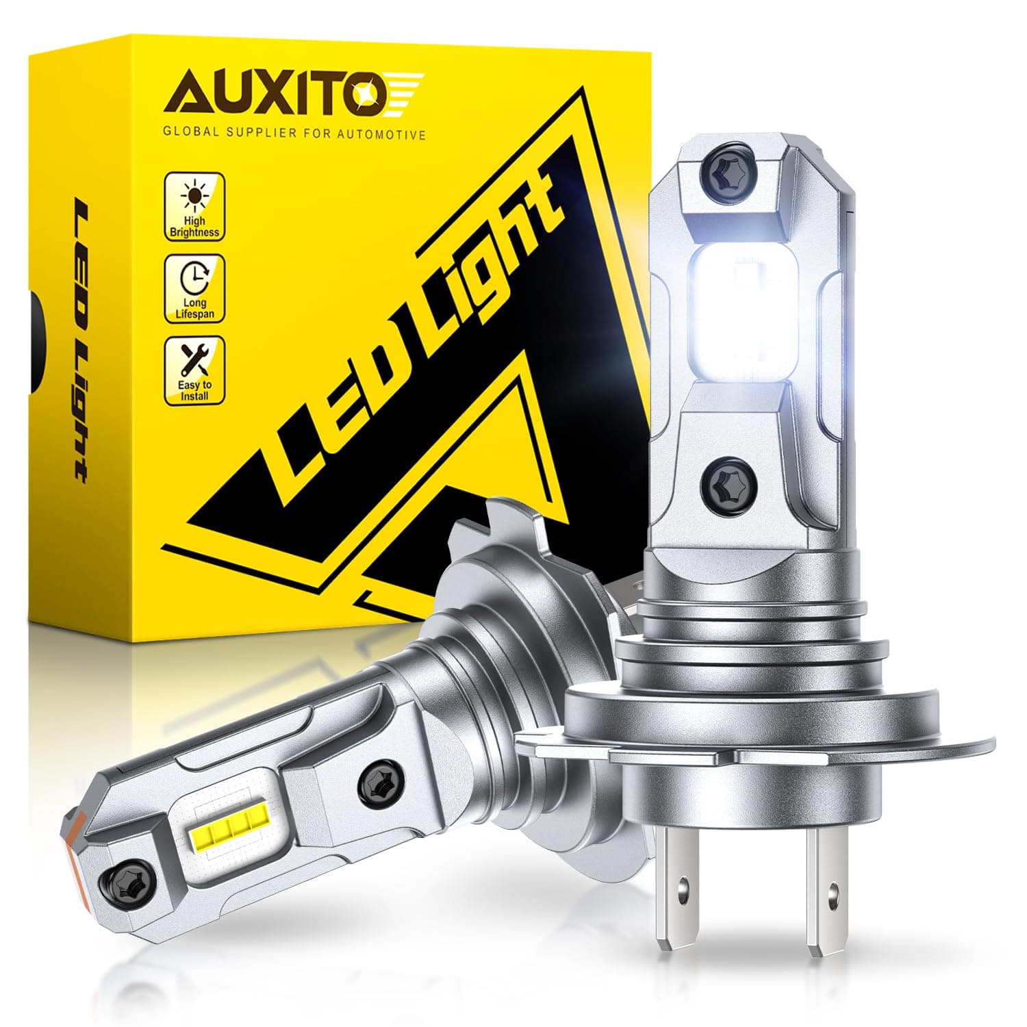 AUXITO Bombilla H7 LED - 600% Más Luminosa, Blanco Deslumbrante 6500K, Tamaño 1:1 Halógeno, Instalación Plug & Play, Vida Útil 60 000 Horas, Paquete de 2