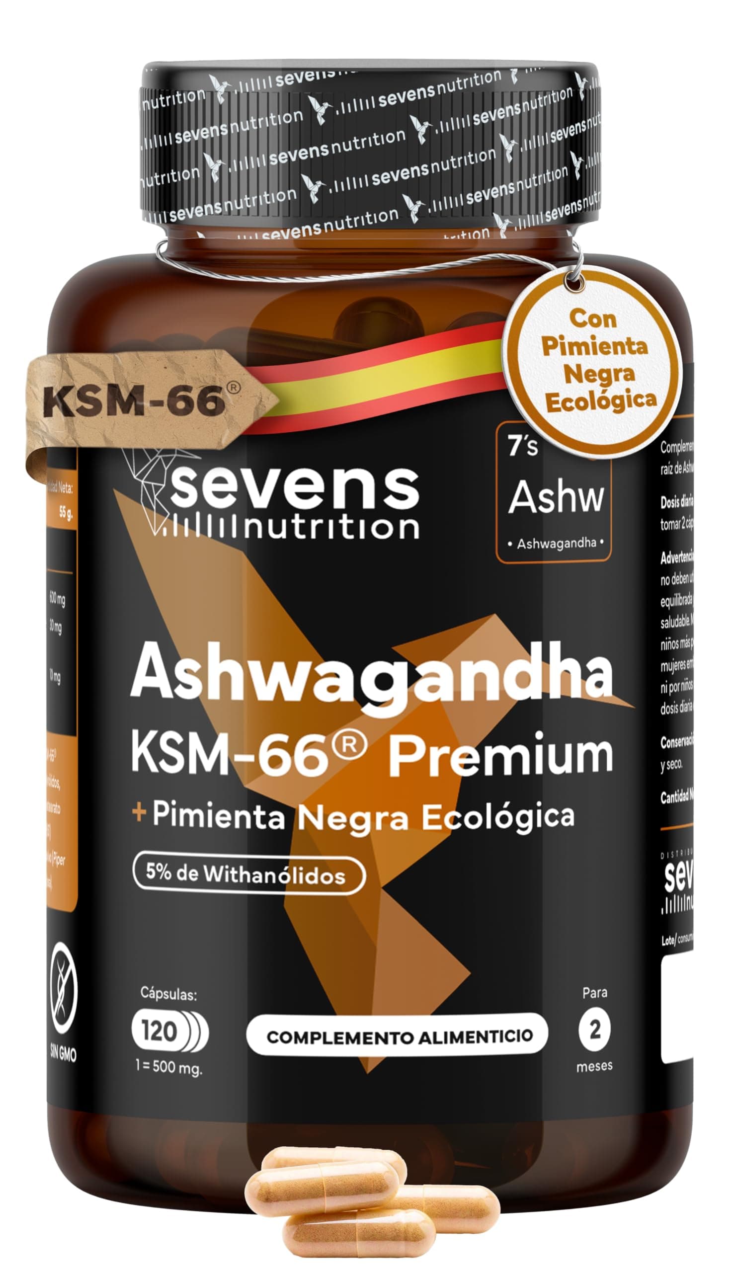 Ashwagandha KSM-66® Pura - 600mg de Ashwagandha Concentrada KSM66 - Alta Biodisponibilidad - Con Pimienta Negra - 5% Withanólidos - Ayuda a Regular el Cortisol y Mejora el Sueño - 120 Cápsulas Veganas