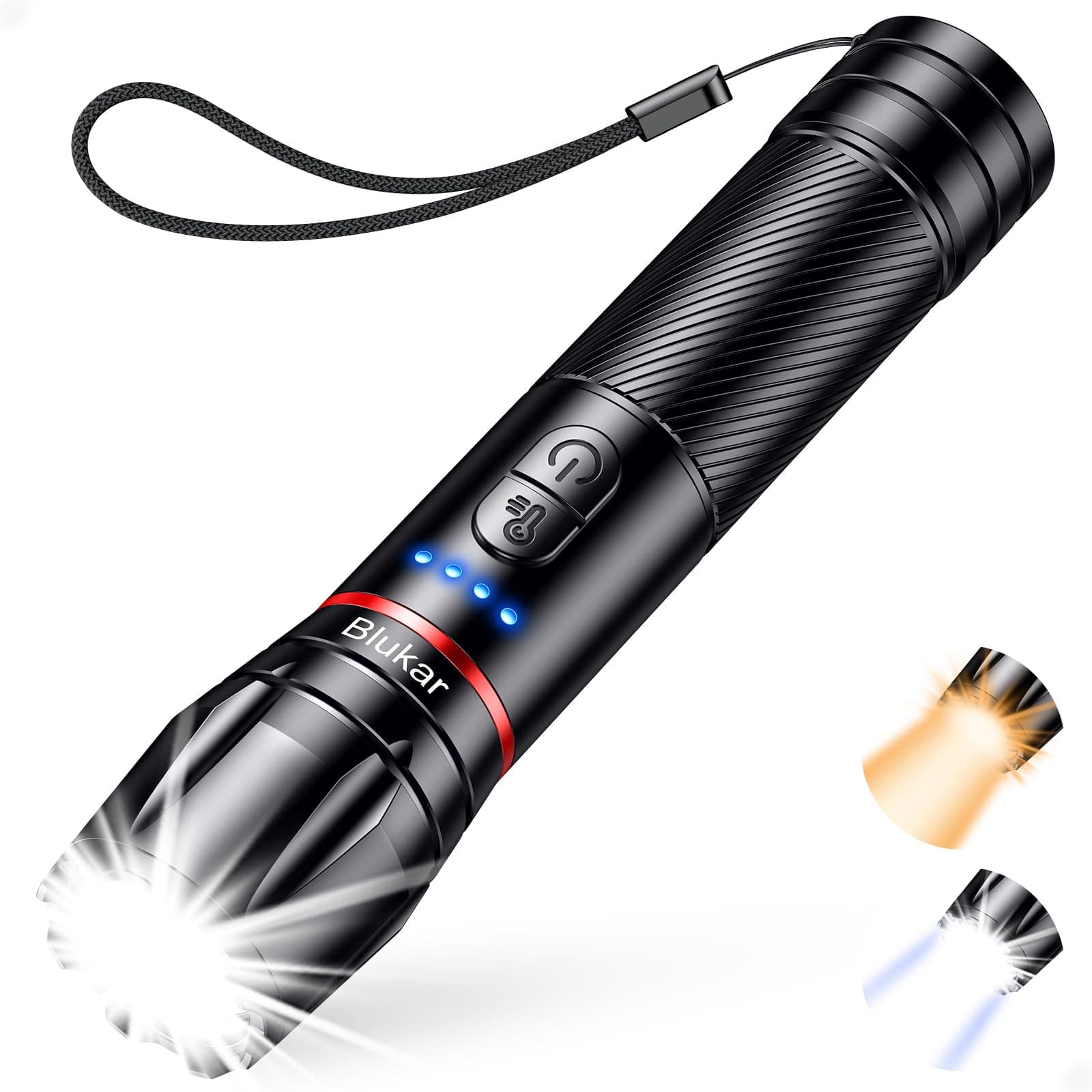 Blukar Torcia LED Ricaricabile 2 Temperatura Colore,Super Luminoso Torcia Potente,10 Modalità,Zoomabile,Funzione di Memoria,Impermeabile Flashlight per Campeggio/Emergenza/Interruzione di Corrente