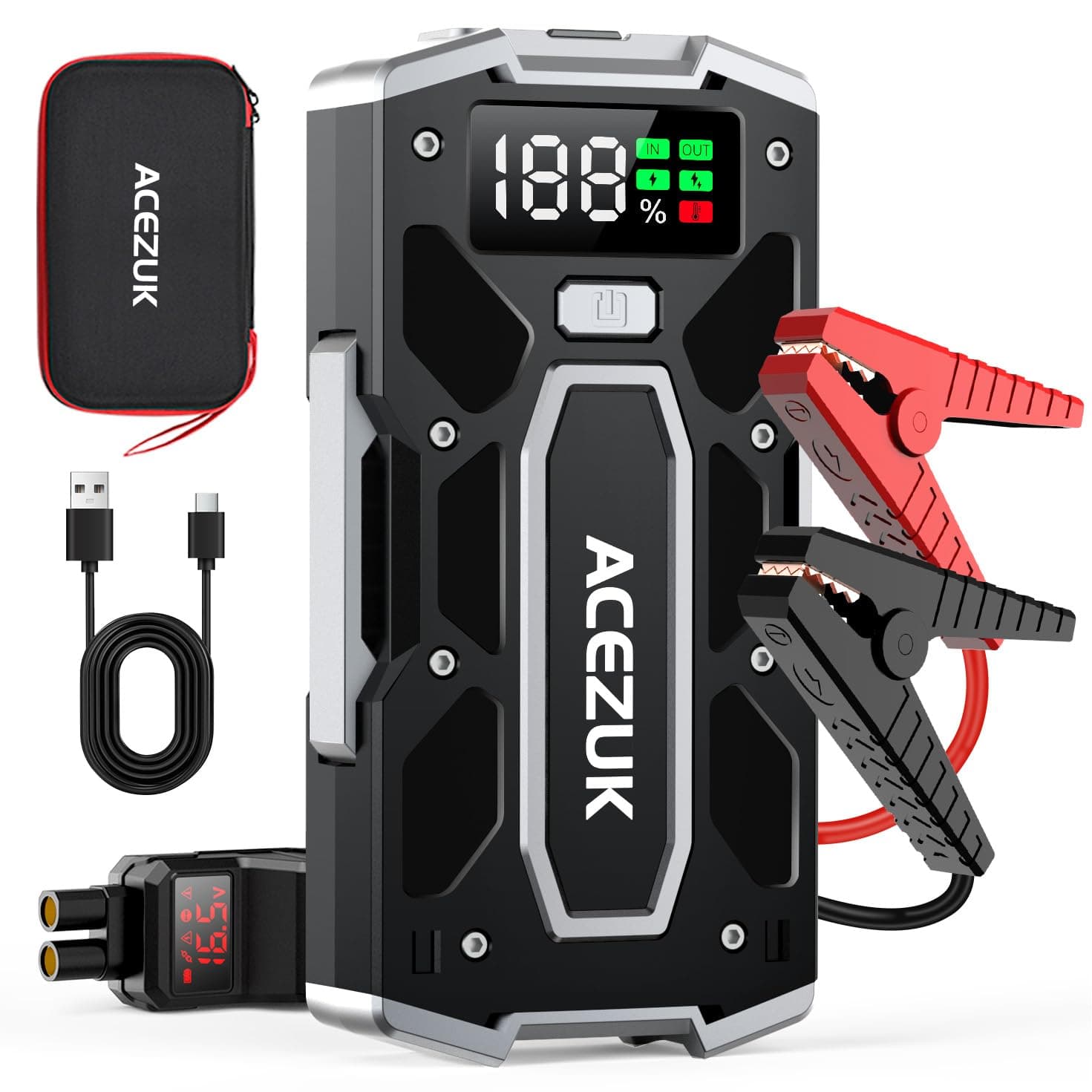 ACEZUK Avviatore Batteria Auto,8000A Avviatore di Emergenza per Auto/Moto(10.0L Gas or 8.0L Diesel) Starter Batteria Portatile Jump Start con LED/LCD Luce LED, porta QC3.0