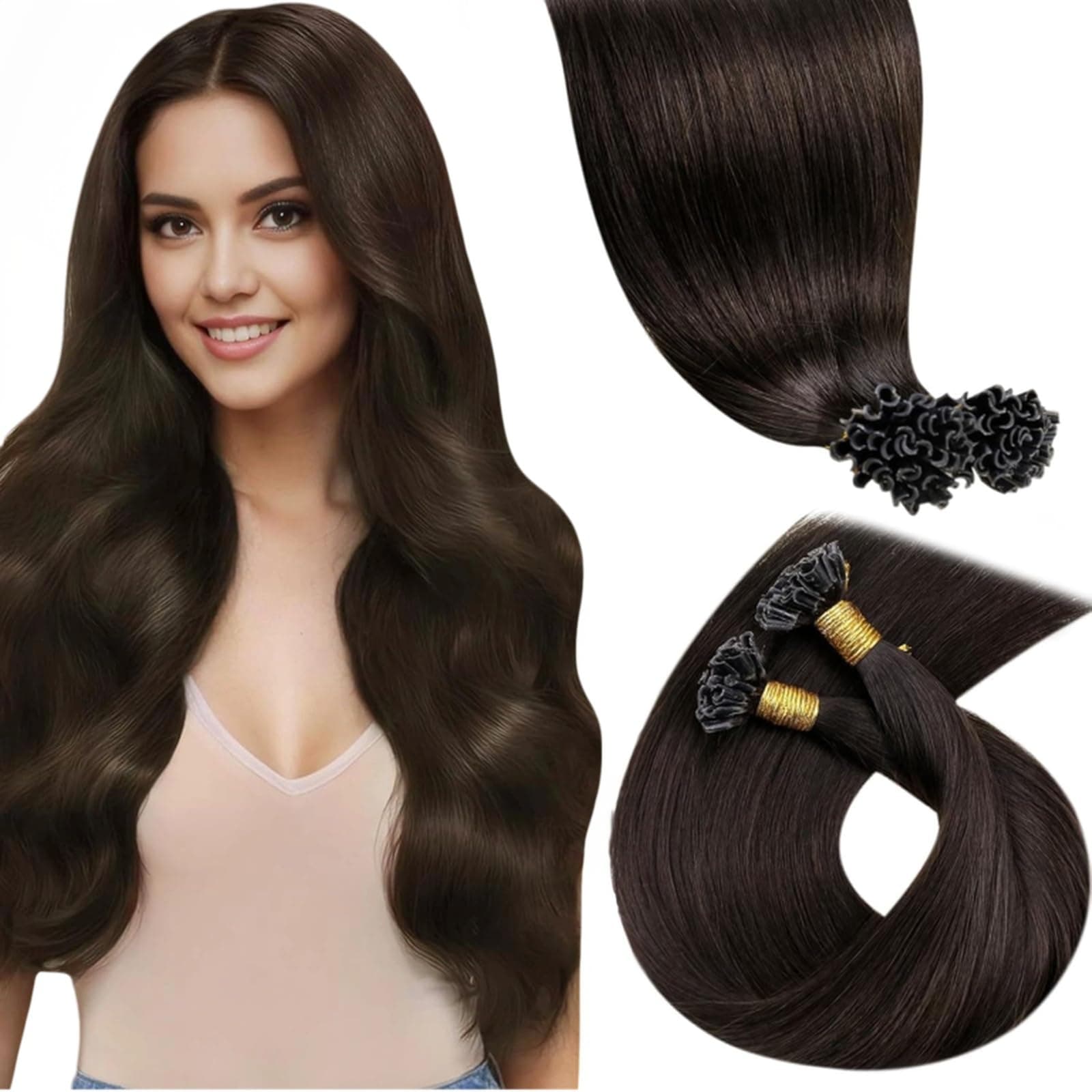 LaaVoo Extension Capelli Veri Cheratina 50 cm 50g Castano Scuro Extension Charatina Capelli Umani Remy Lisci Keratina Extension Capelli Invisibili 50 ciocche #2