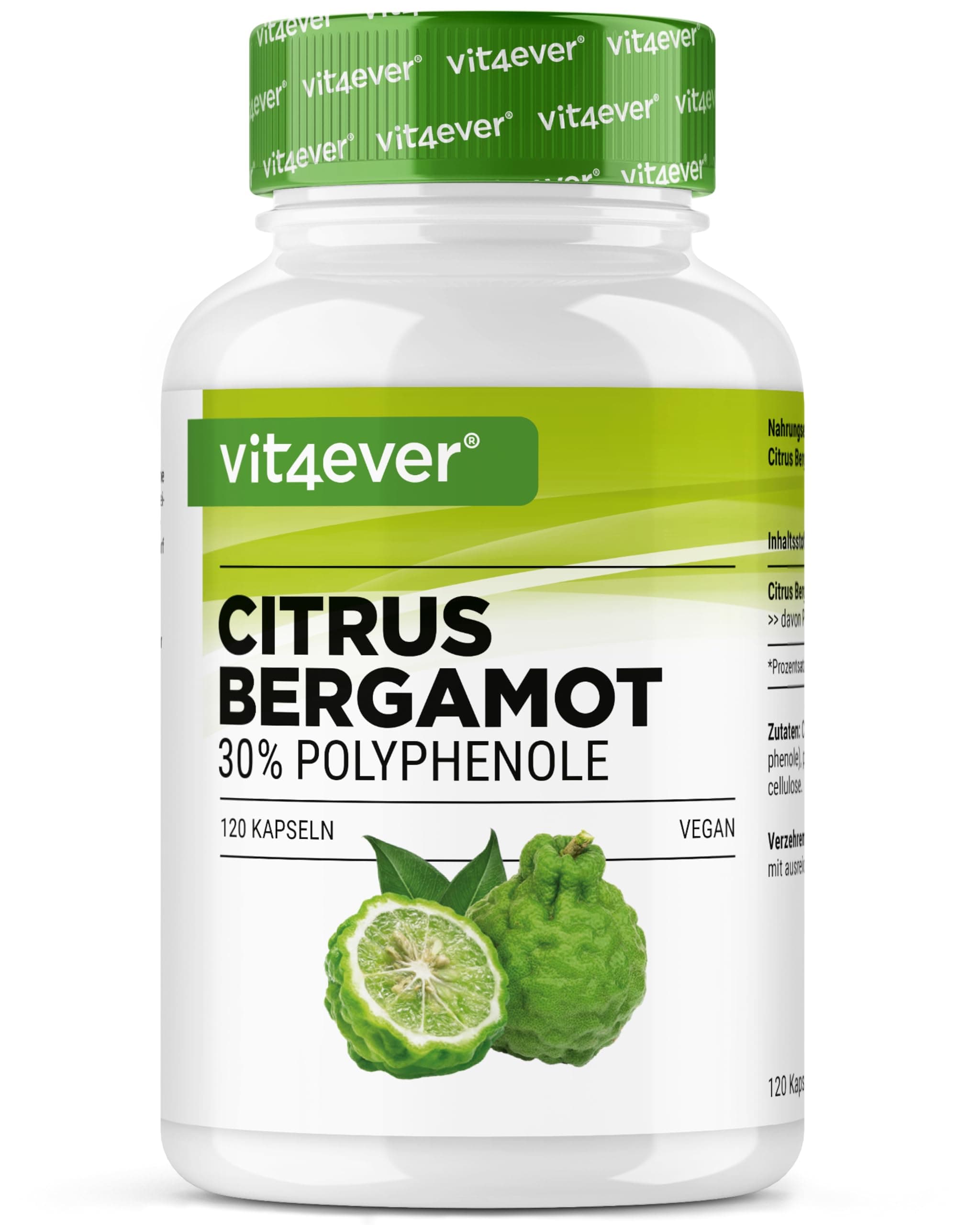 Citrus Bergamot - 120 Kapseln hochdosiert mit je 750 mg Extrakt - Premium: 30% Polyphenole - Kreuzung aus Zitronatzitrone & Bitterorange - Vegan, ohne unnötige Zusätze