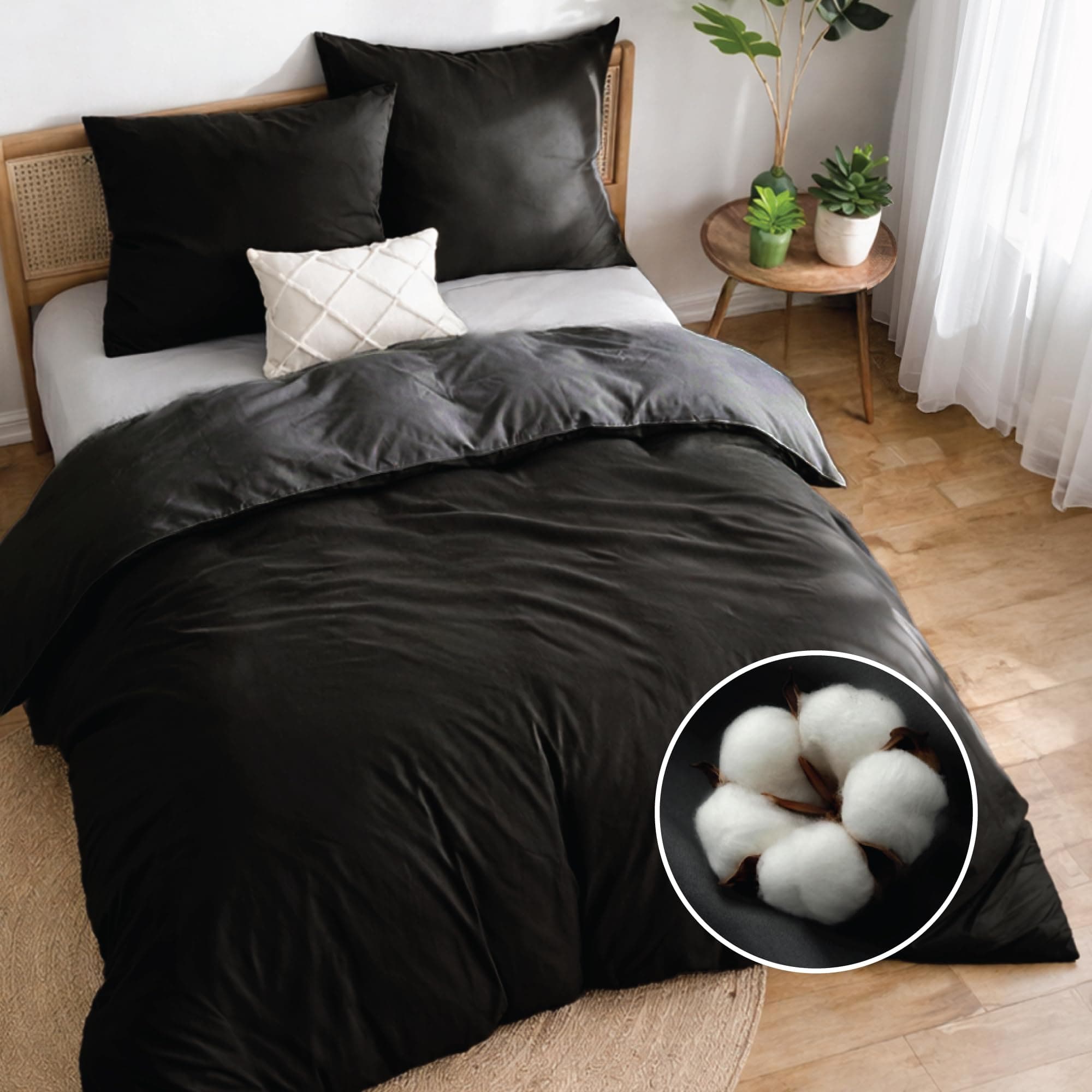 Dreamzie Housse de Couette 200x240 Réversible en Coton - Noir - Parure de lit Adulte 3 Pièces avec 2 TaieS 65x65 + 1 Housse de Couette Bicolore - Oeko-Tex - Lavable à 40°C