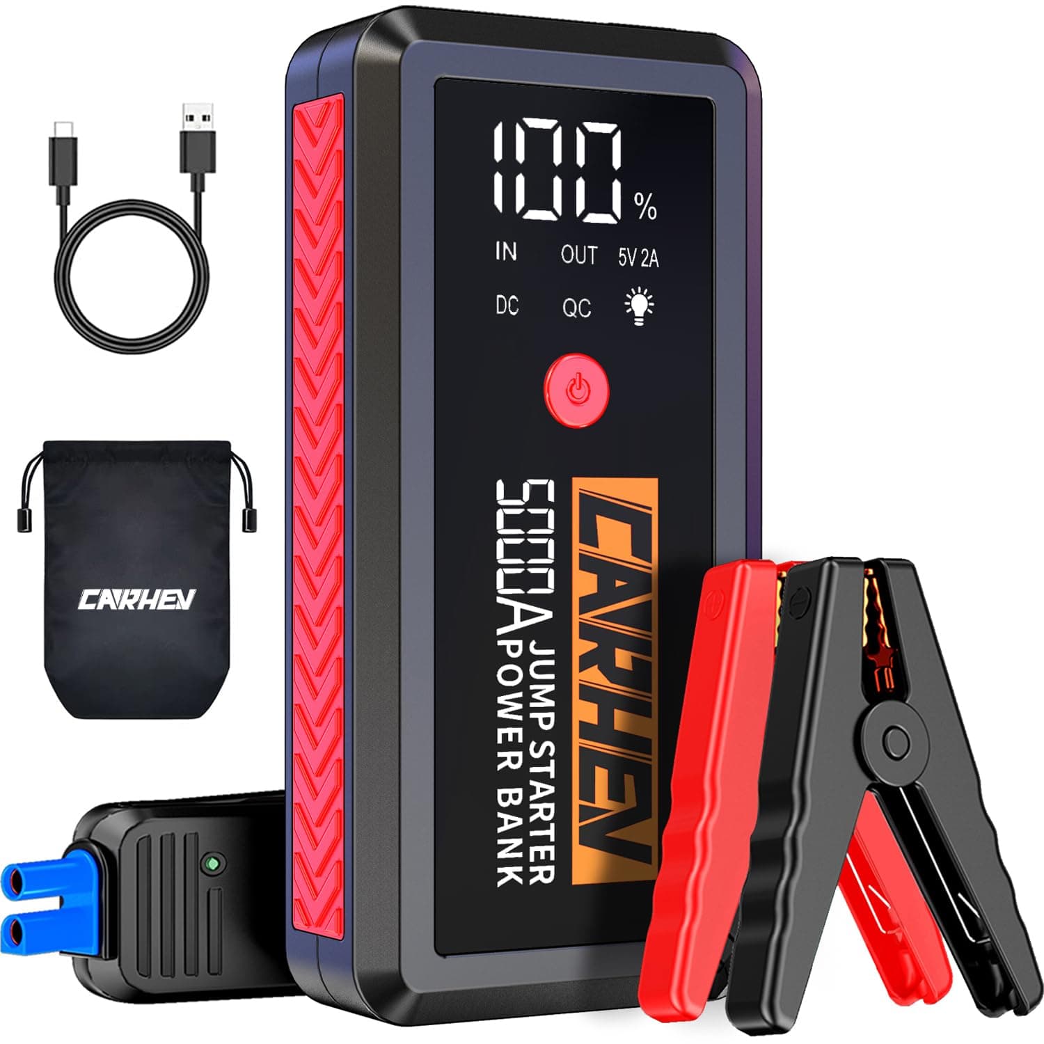 CARHEV Arrancador de Coches, 5000A Arrancador de Baterias de Coche (para 8.0L de Gasolina o 8.0L de Diésel) 12V Booster Jump Starter con Pantalla LCD, Linterna LED, Clips de Seguridad Inteligentes