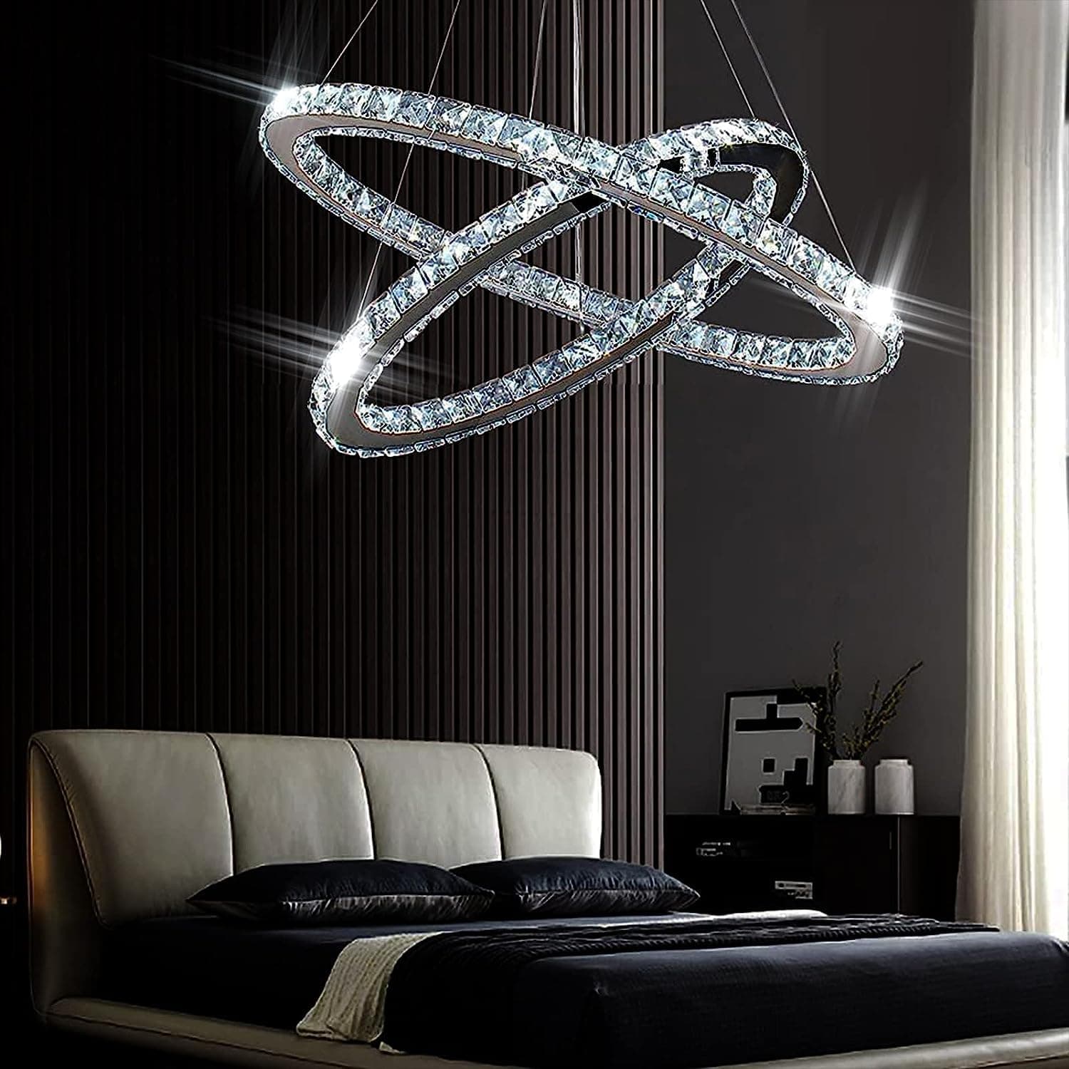 Lampadario LED moderno in cristallo, lampadario a sospensione ovale a 2 anelli, altezza regolabile, 56 cm + 32 cm, luce bianca fredda 6500K, per soggiorno, sala da pranzo e camera da letto