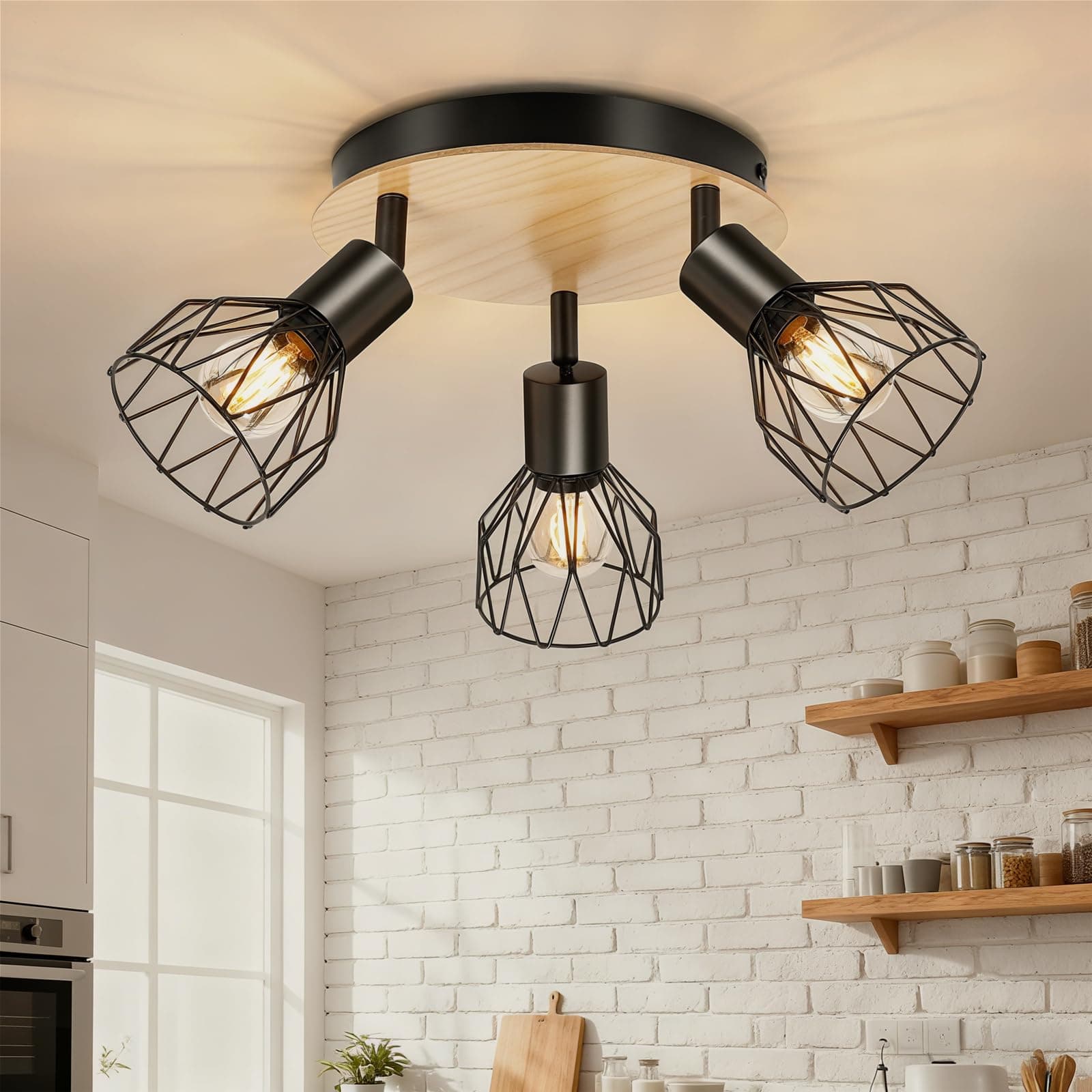 Ketom Plafonnier 3 Spot Noir, Ronde Luminaire Cuisine Plafond Bois, Plafonnier Orientable E14, Applique Murale 3 Spot avec Grille Métallique, pour Interieur, Cuisine, Chambre, Salon, Sans Ampoules