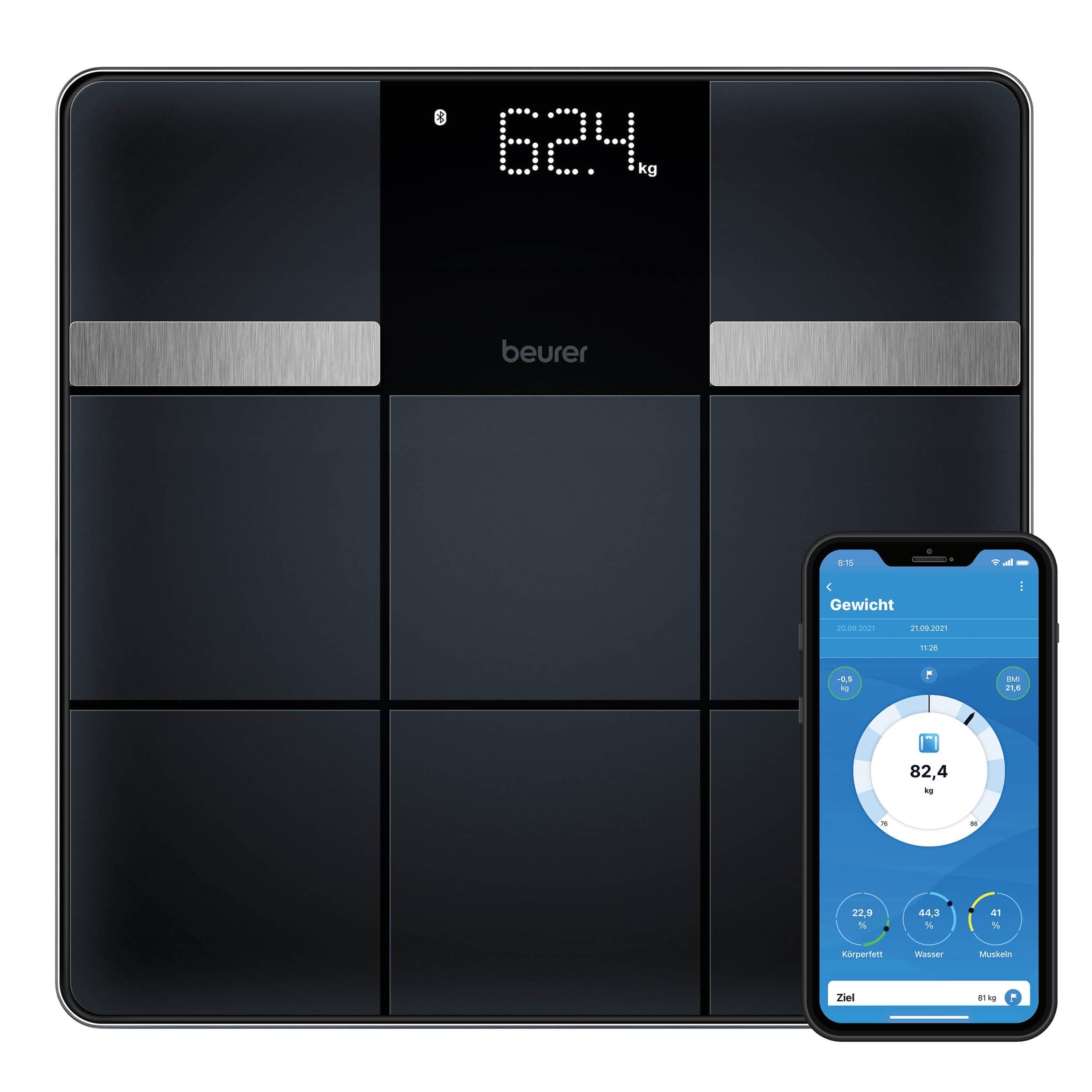 Beurer BF 450 Personenwaage mit App-Anbindung via Bluetooth, Körperfettwaage digital mit 17 Messwerten inkl. Körperfett, Muskelmasse, BMI, 8 Benutzerspeicher, Datenübertragung zu Apple Health & co.