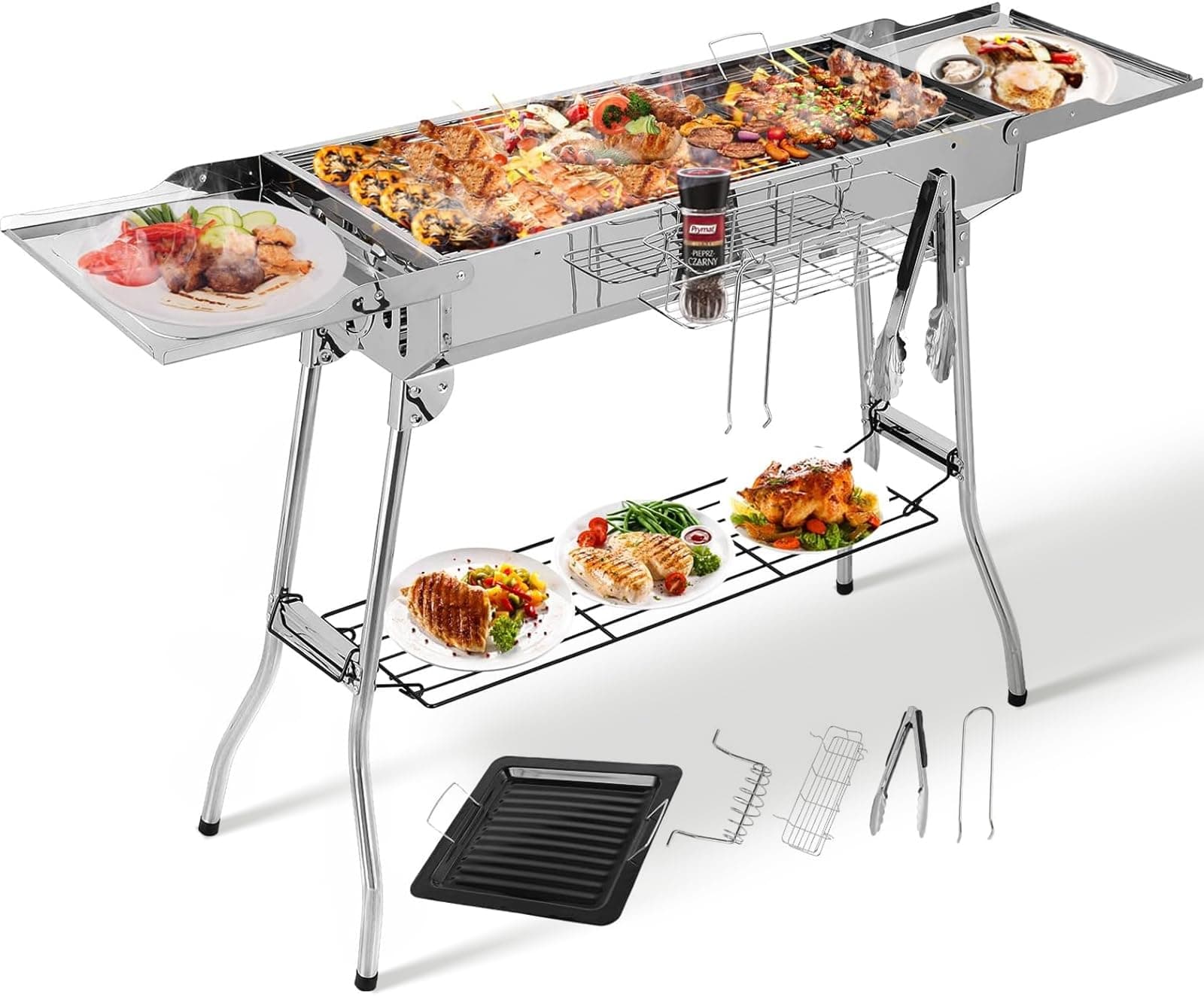 Griglia a Carbone, Barbecue a Carbonella XXL, Griglia Campeggio, Barbecue a Cabone Portatile Pieghevole in Acciaio con Doppie ali, Padella Antiaderente, per Giardino Terrazza Campeggio Picnic