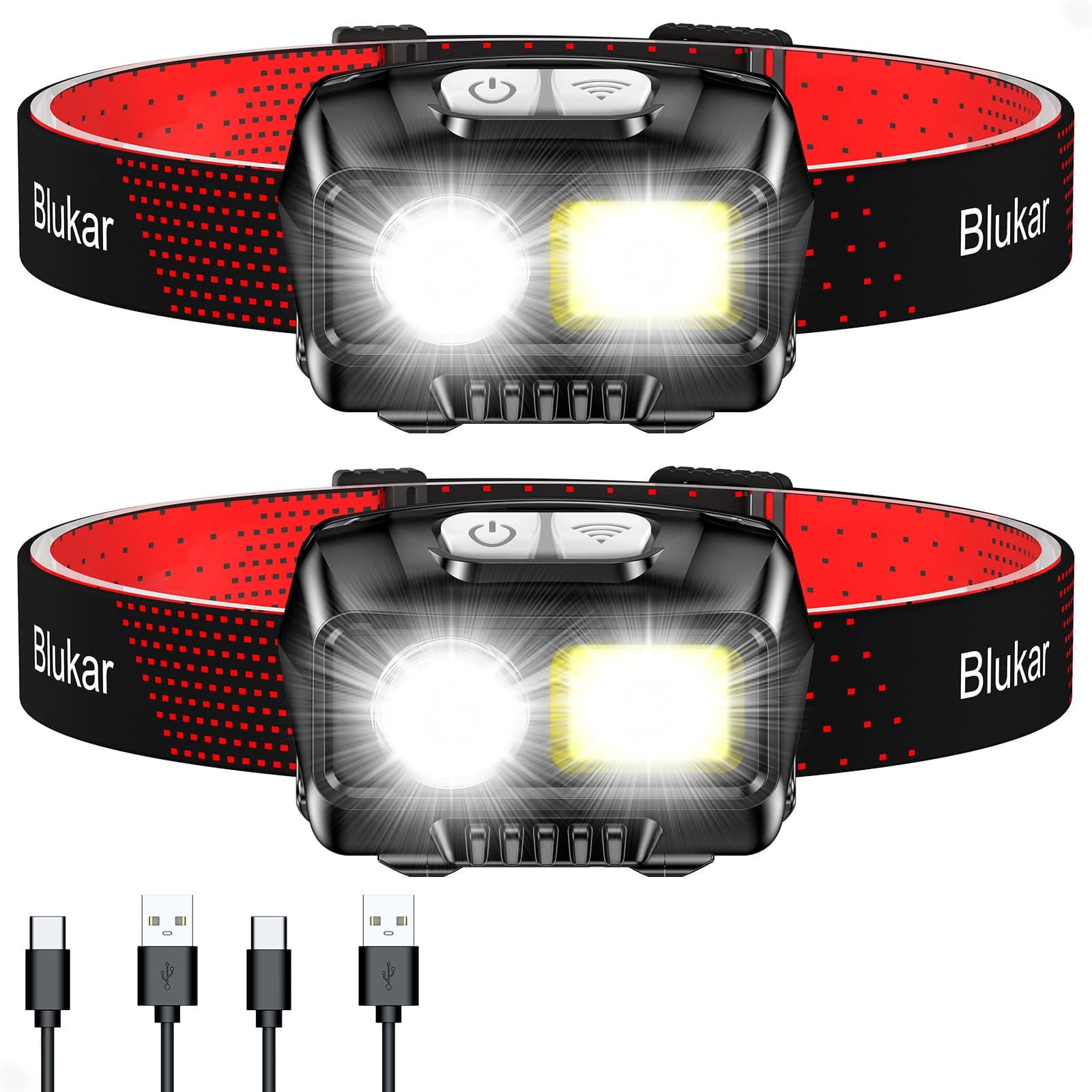 Blukar Torcia Frontale LED, 2 Pezzi Super Luminosa 2000 Lumen Lampada Frontale Ricaricabile con Sensore Movimento,8 Modalità di Illuminazione, Impermeabile Lampade da Testa per Campeggio/Corsa/Pesca