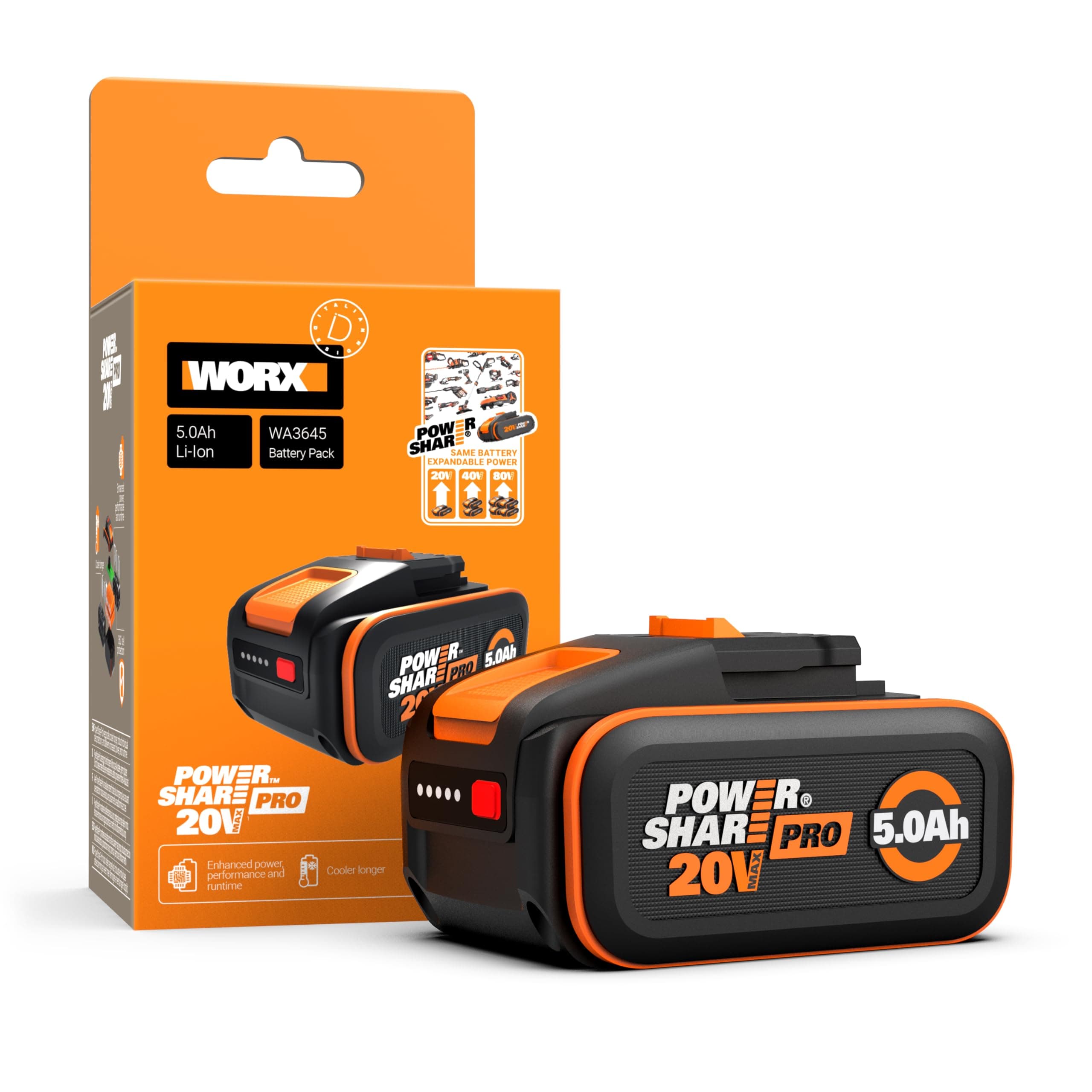 WORX Batterie Powershare Pro au Lithium-ION 20V 5Ah WA3645, Batterie Haute Performance et Longue durée Compatible avec Tous Les Outils Worx PowerShare