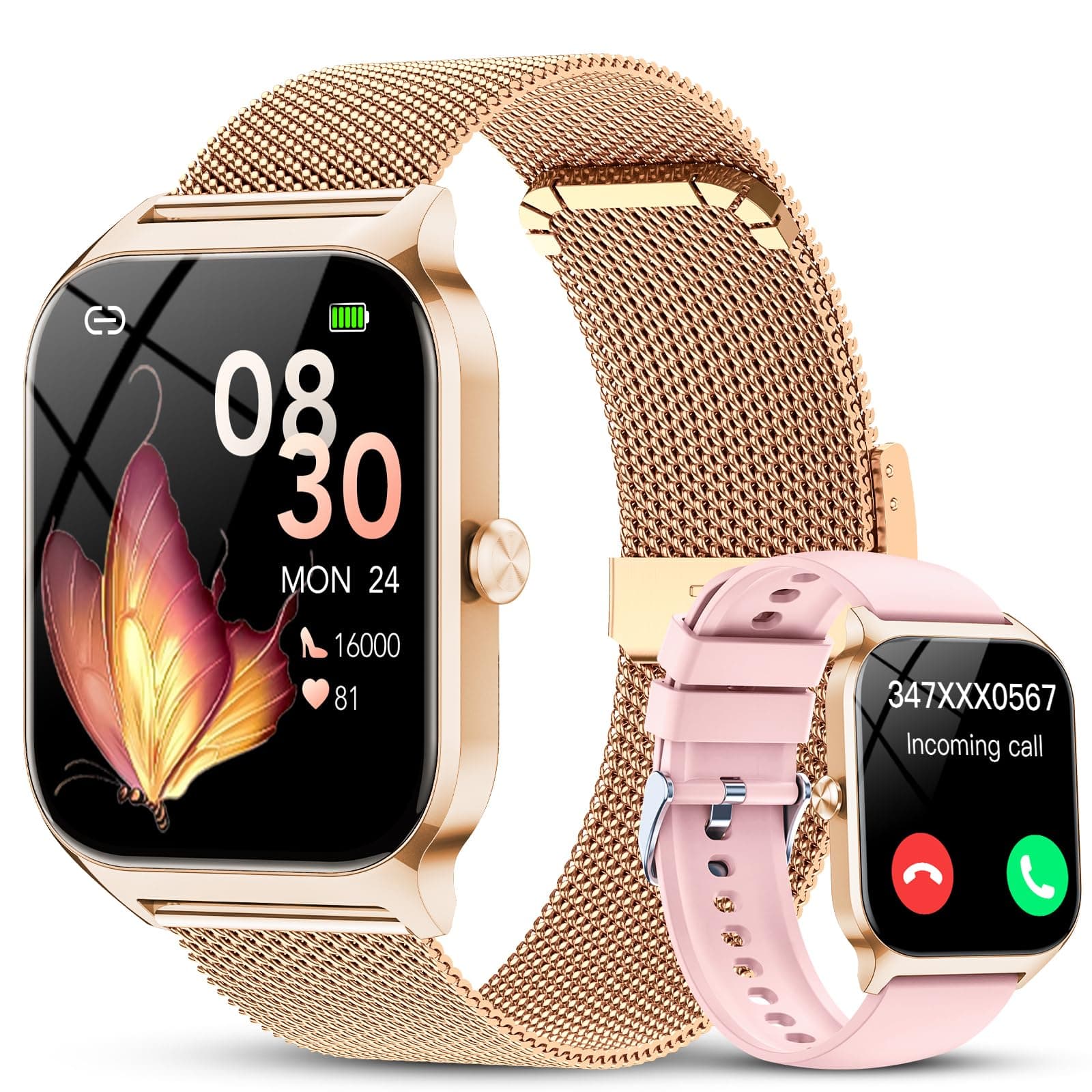 Reloj Inteligente Mujer con Llamadas y Voz de Al, Whatsapp Notificaciones,1.85" Smartwatch Mujer con SpO2/Pulsómetro/Monitor de Sueño,120+ Modos Deportes, Smart Watch para Android/iOS（Oro rosa）