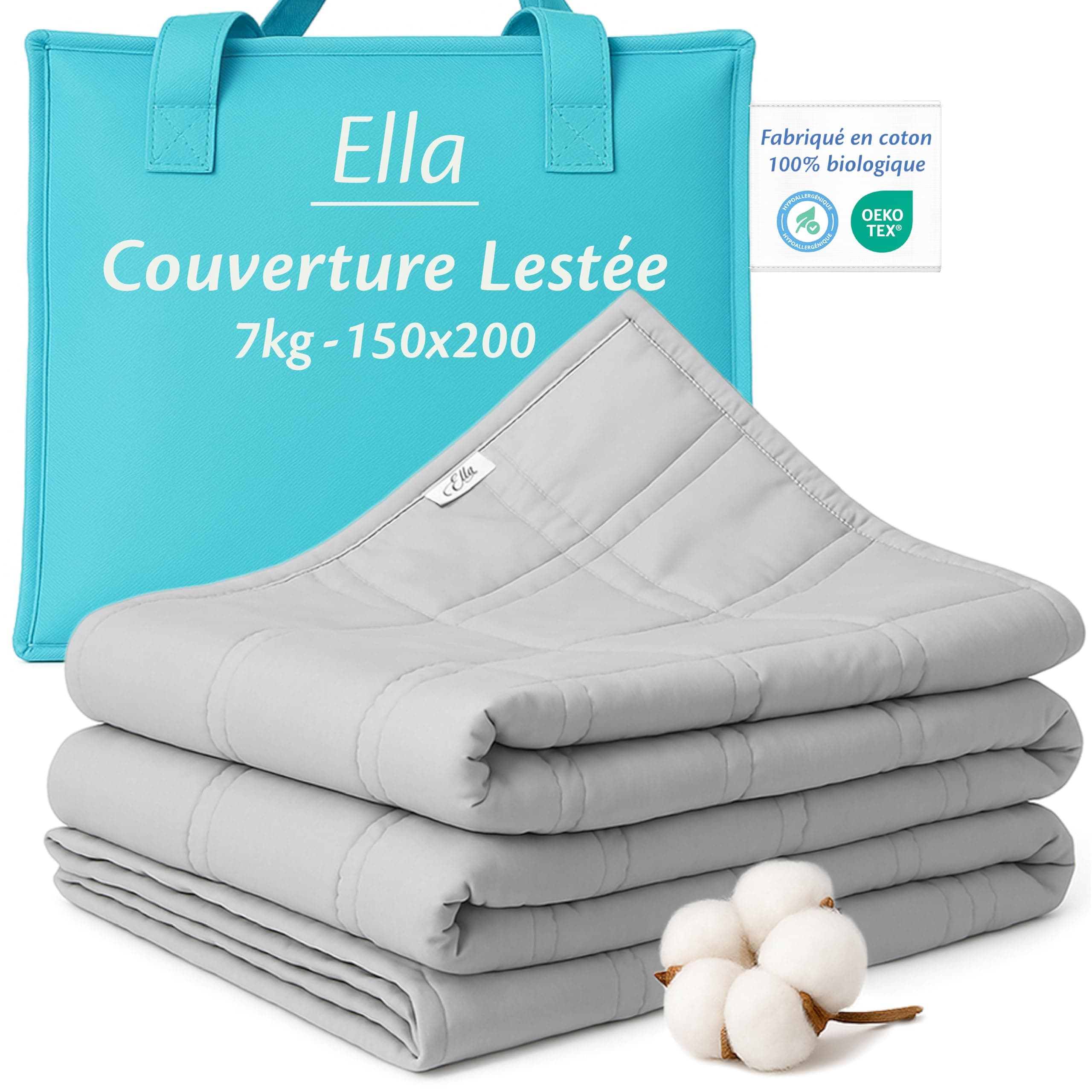 Ella Couverture Lestée Adulte 150x200cm 7kg - Couverture Pondérée Relaxante & Calmante - 7 Couches, Perles de Verre Hypoallergéniques, Couche Externe Coton Doux & Rafraîchissant - Weighted Blanket