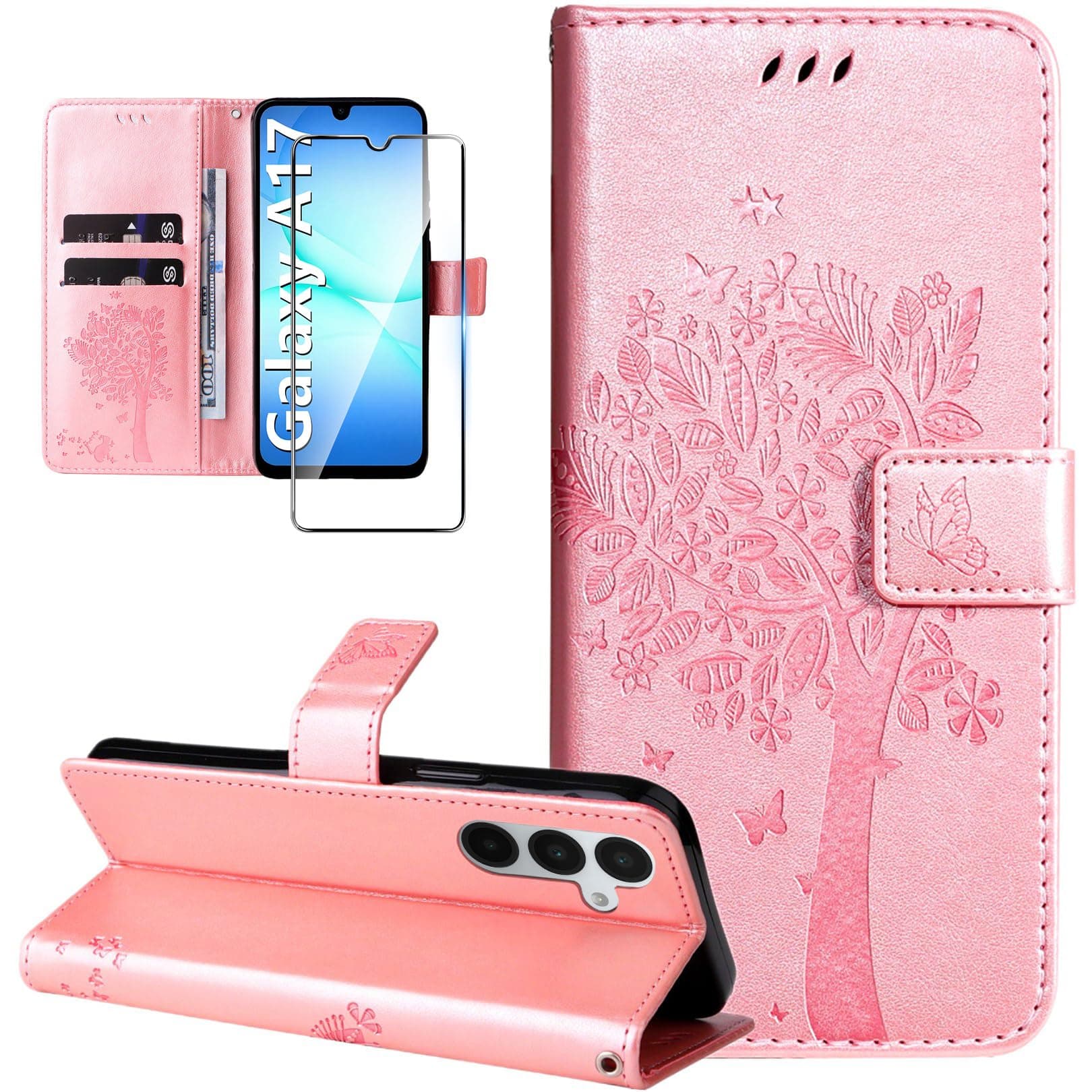 Dcjlbo Cover per Samsung Galaxy A17 4G/5G Custodia Cover in Pelle Portafoglio a Libro con Pellicola Vetro Temperato Porta Carte Cover Flip Case Antiurto Custodia-Oro Rosa
