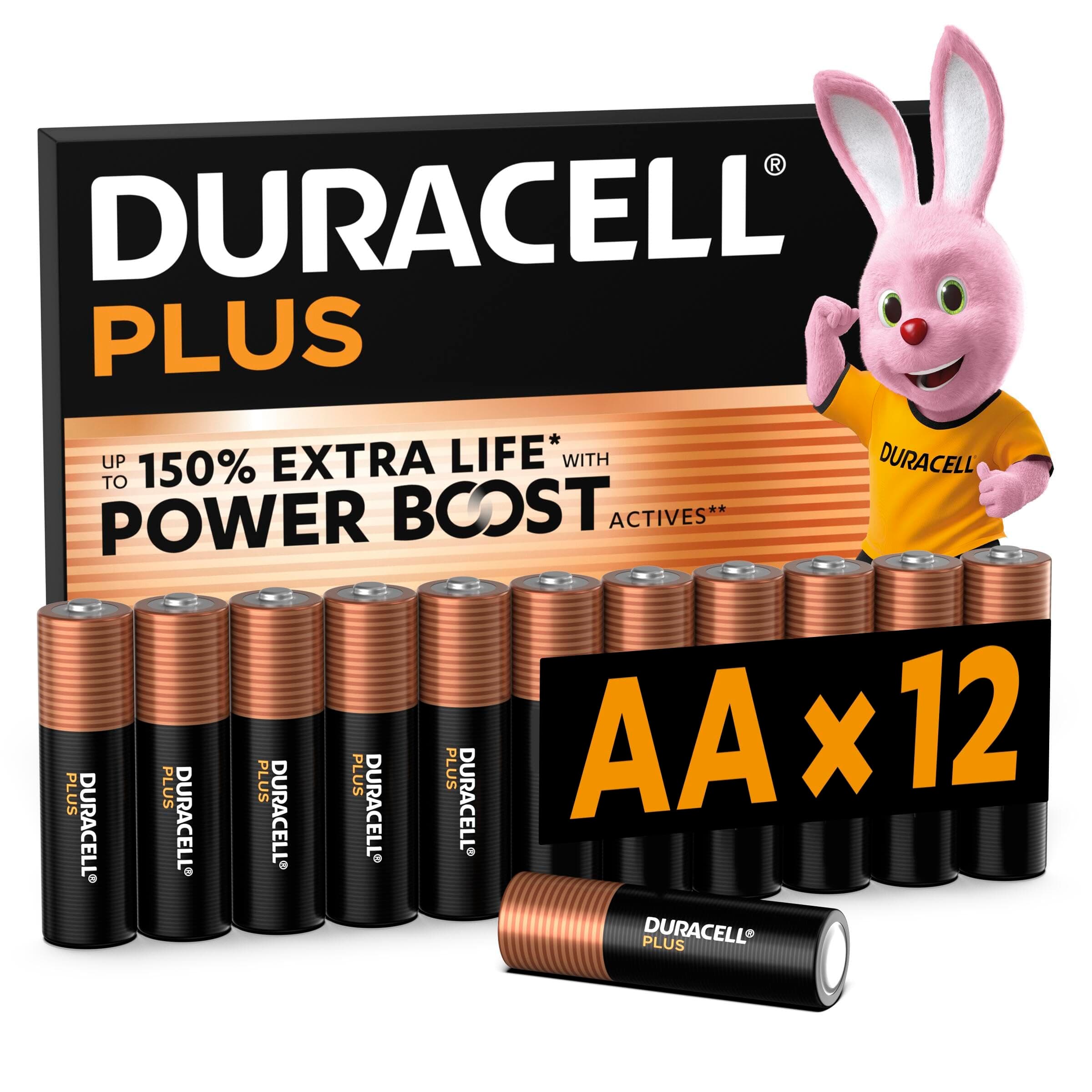 DURACELL Batterie Plus AA (Confezione da 12) – Batterie Alcaline da 1,5 V – Fino al 150% di durata extra con Attivi POWER BOOST– Affidabilità per i dispositivi di utilizzo quotidiano – MN1500
