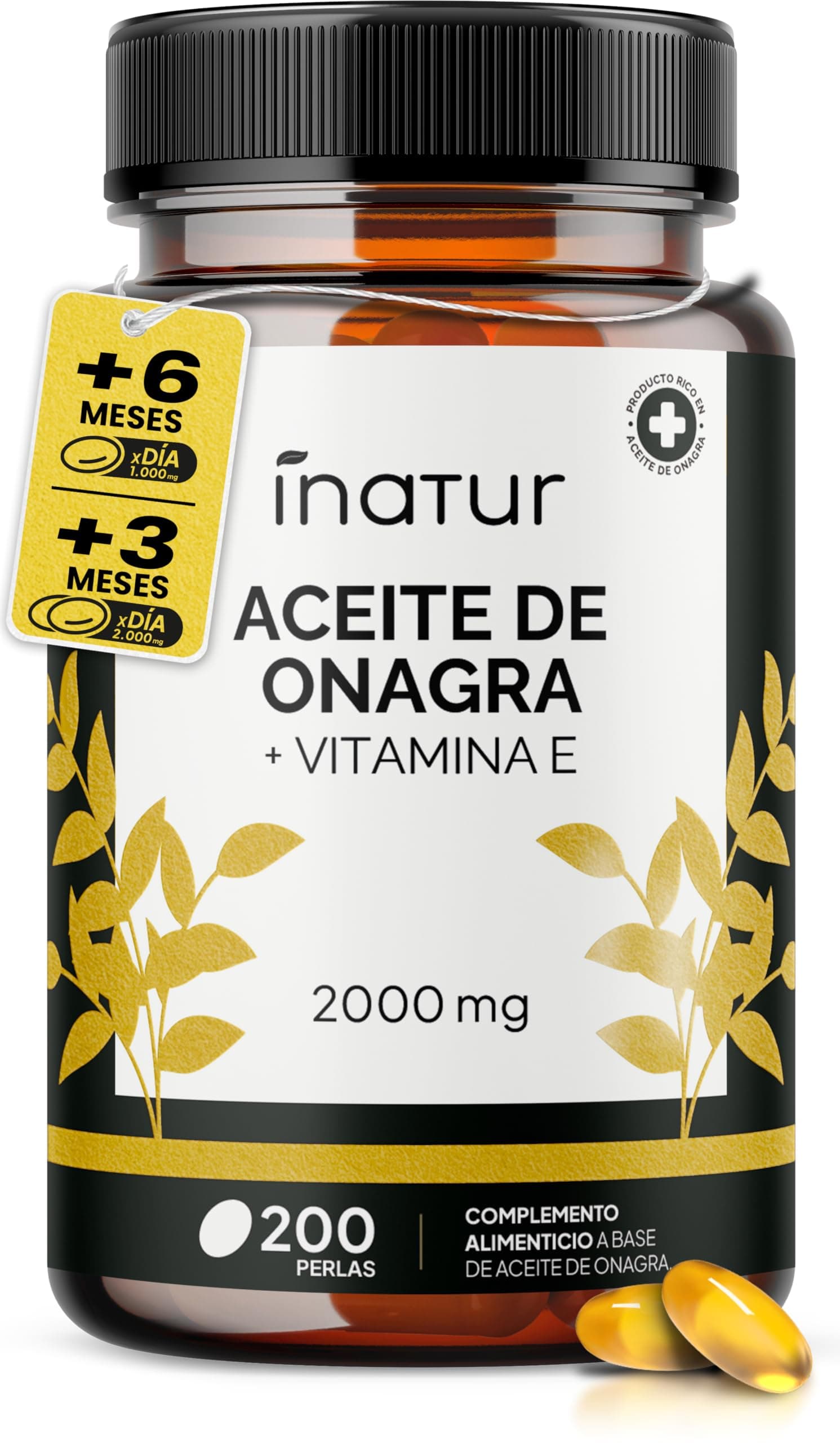 Aceite de Onagra 1.000 mg – 200 Perlas | Inatur | Vitamina E | 10% GLA | Suministro 7 meses | Salud hormonal de las mujeres | Salud de piel y huesos | 100% Natural