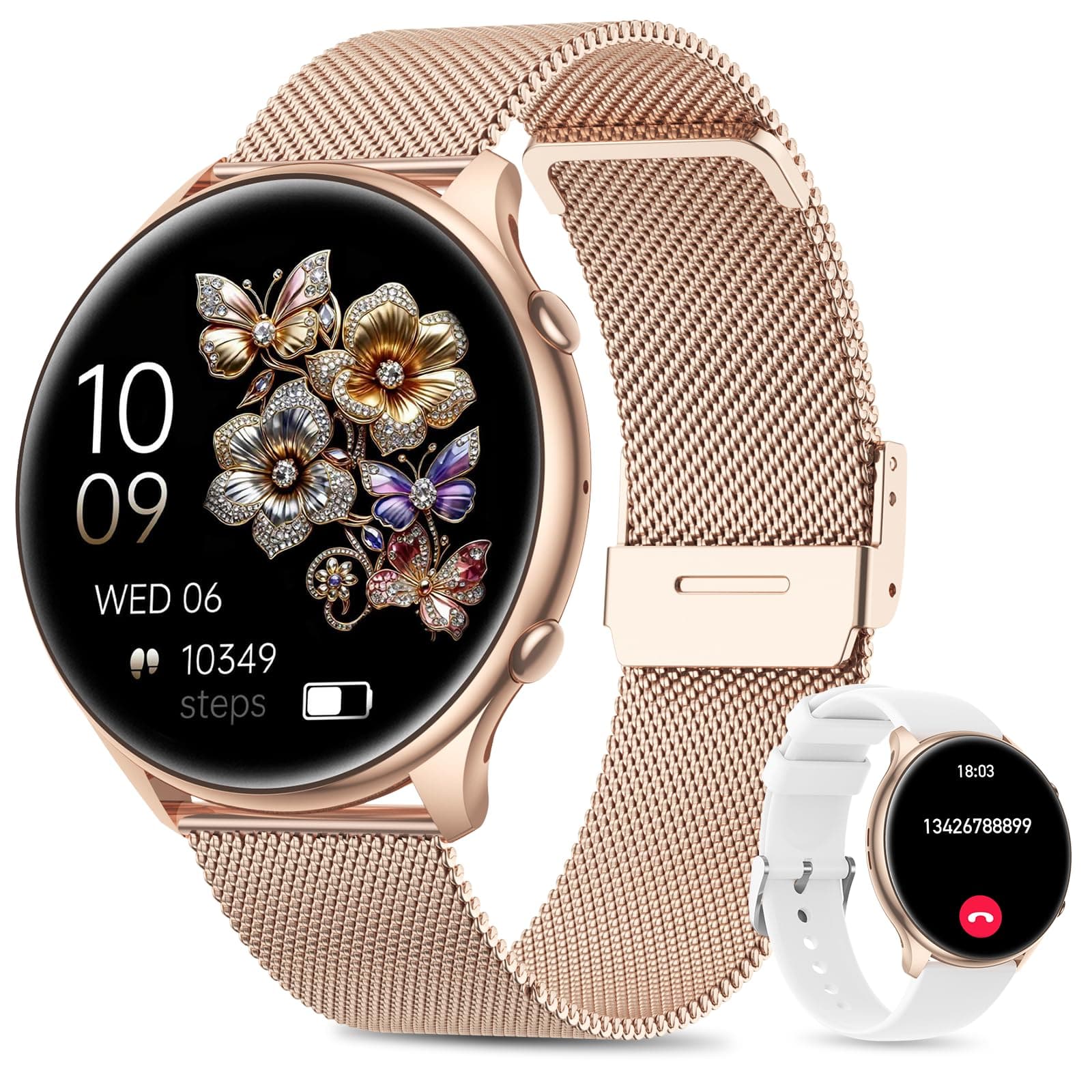 Reloj Inteligente Mujer con Bluetooth Llamada , 1.39" Smartwatch Mujer con 2 Correas, Función Femenina, 24H Pulsometro, SpO2, 120+ Modos Deportivos, Monitor de Sueño, Calorías Android iOS (Rosa Oro)
