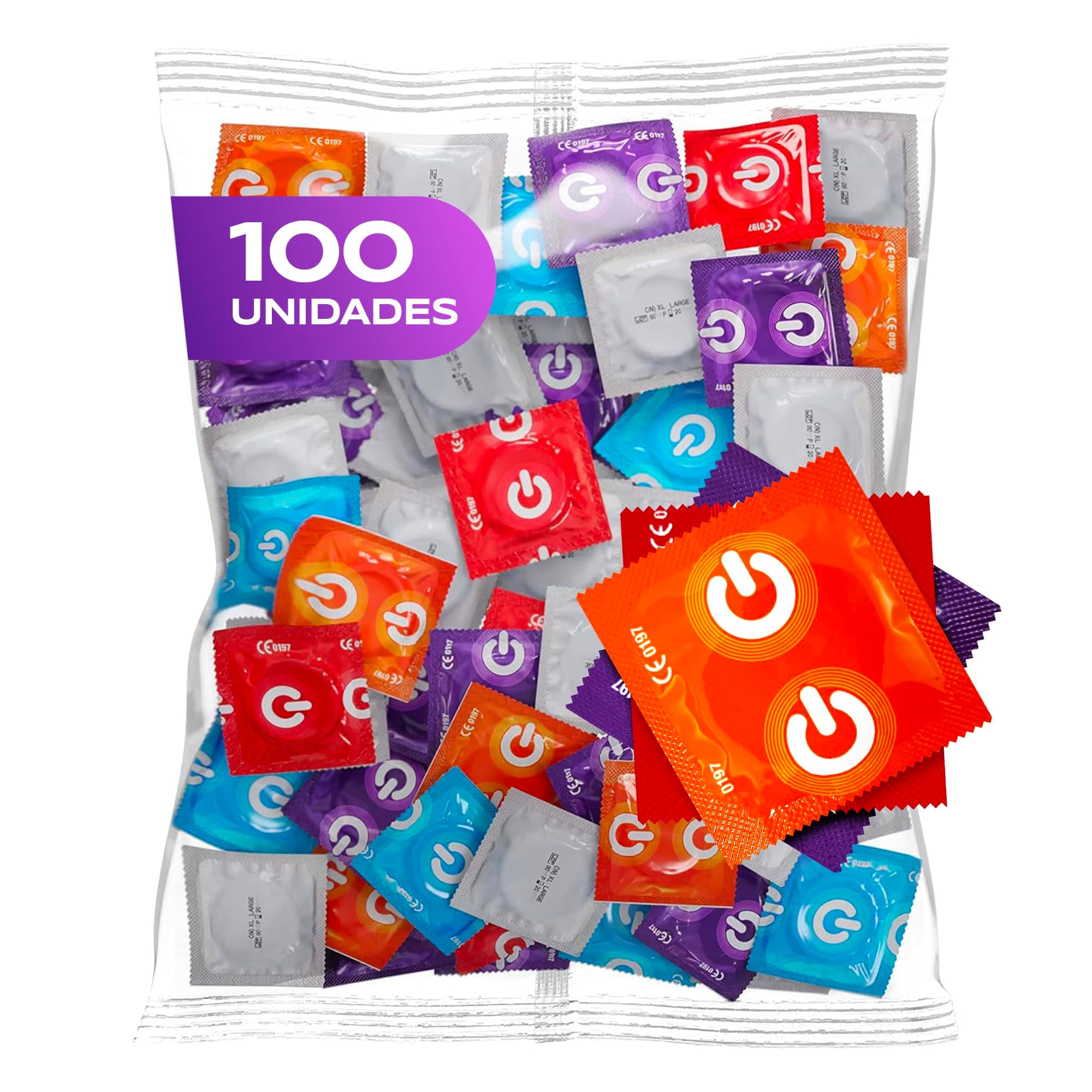 ON) Mix de Condones | 100 unidades | Condones Premium 7 tipos y tamaños con 54 mm de ancho | 20x extra delgados, naturales y texturizados | 10x extra fuertes, con aroma a fresa, plátano, chocolate