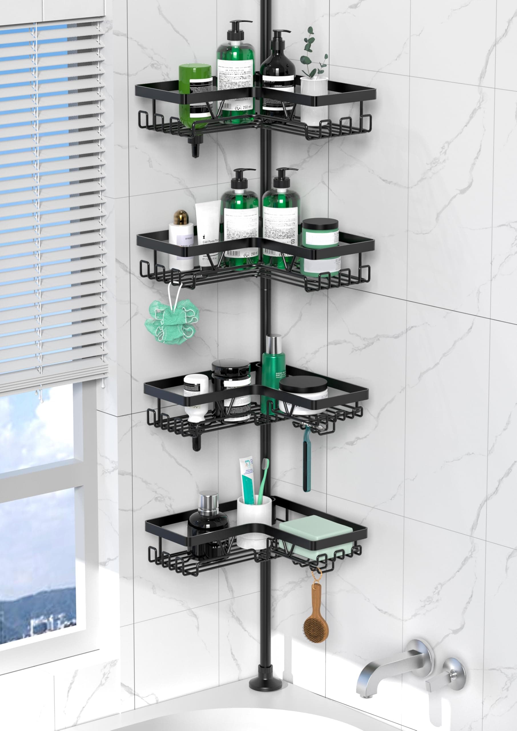 Cooeco Etagere Douche,Etagere Telescopique Douche sans Percage,avec 4 paniers, étagère de Salle de Bain(Noir)