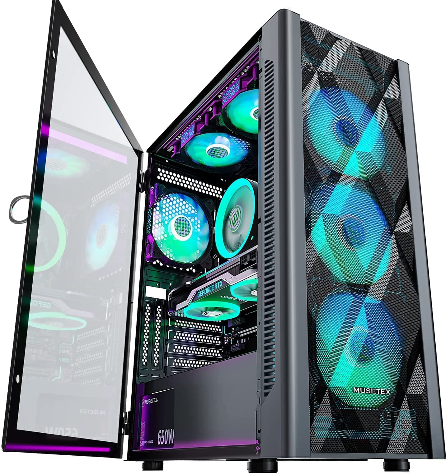MUSETEX Boitier PC ATX pré-installé avec 6 Ventilateurs PWM ARGB, Boitier PC Gamer Diamond Mesh, Panneau latéral en Verre trempé à Porte Ouverte, Boitiers Mid Tower, USB 3.0 x 2, Noir, NN8