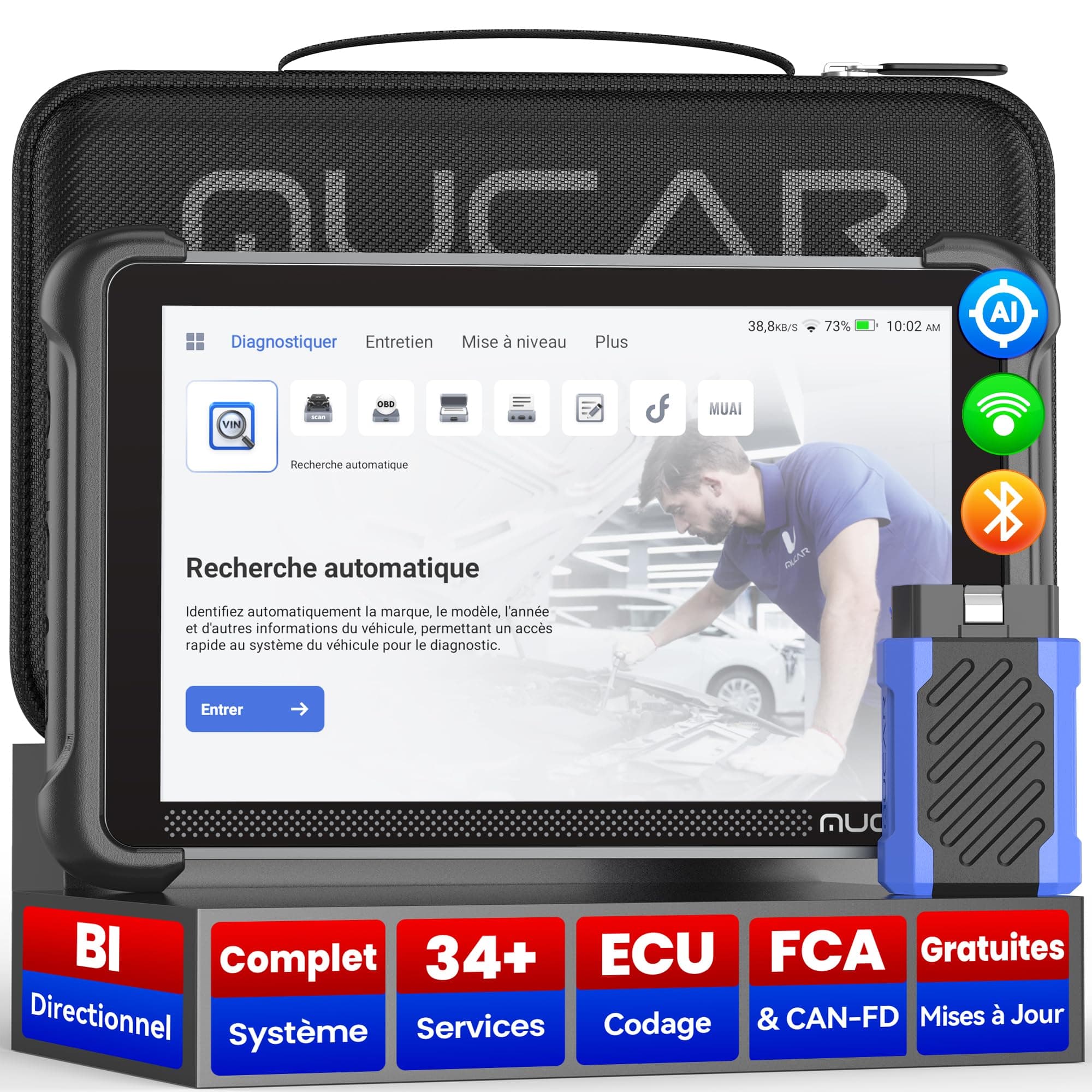 mucar 892BT AI Valise Diagnostic Auto,Bidirectionnel obd2 Diagnostic Français,Codage ECU,34+ Réinitialisations,Diagnostic de Tous Les systèmes, Guide V.A.G, FCA AutoAuth, CANFD&DOIP, Gratuit à Vie