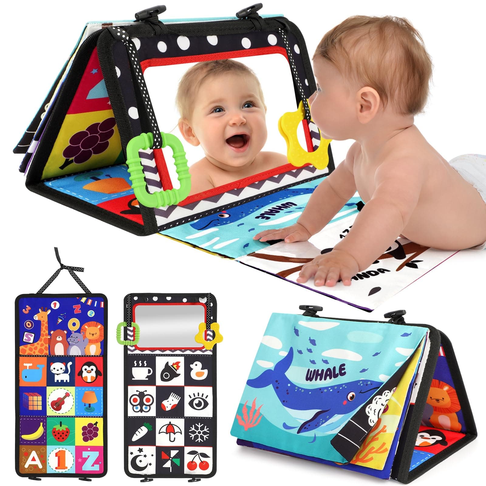 URMYWO Jouet Bebe 0-3-6-9-12 Mois - Miroir d'Éveil Pliable avec Jouet de Dentition et Livre Papier froissé Sensoriel - Montessori Noir et Blanc à Motifs Contrastés pour l'Éveil des Bébés