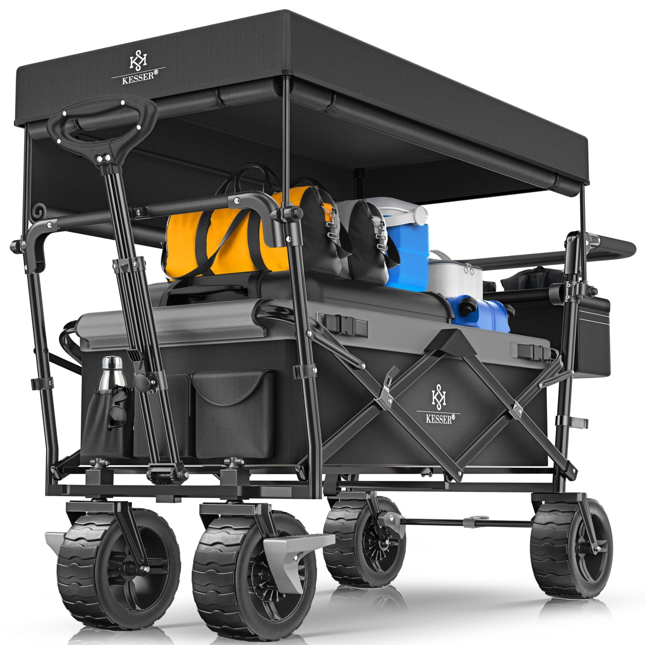 KESSER® XXL Bollerwagen faltbar mit Dach GT9000, klappbarer Handwagen bis 150 kg für Kinder, Strand, Camping & Garten, großer Transportwagen mit Hartgummi Rädern, Bremsen vorne & hinten + Tragetasche