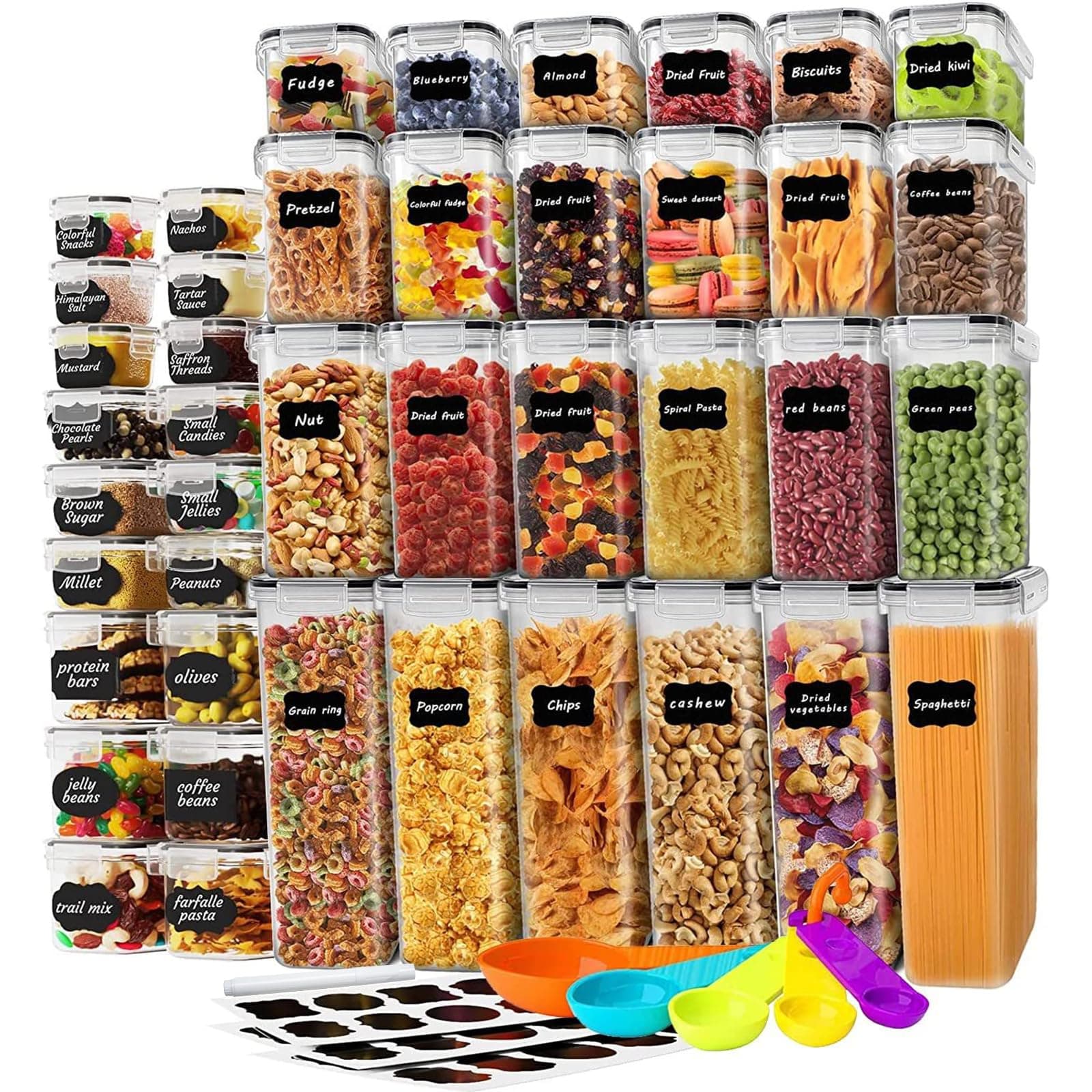 stusgo 42 boîtes de rangement hermétiques avec couvercles pour céréales, farine et sucrePots de cuisine et d'organisation en plastique, y compris cuillères, étiquettes et stylos