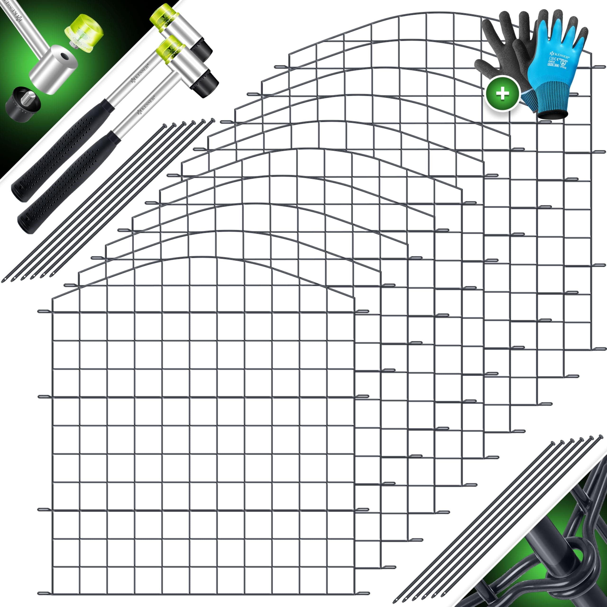 KESSER® Teichzaun Gartenzaun Steckzaun Komplettset Metall 10x Oberbogen Rund Inkl. Handschuhe, 2x Hammer + 12 Befestigungsstäben, Zaun zum stecken für Garten, Gitterzaun Set Freigehege für Tiere