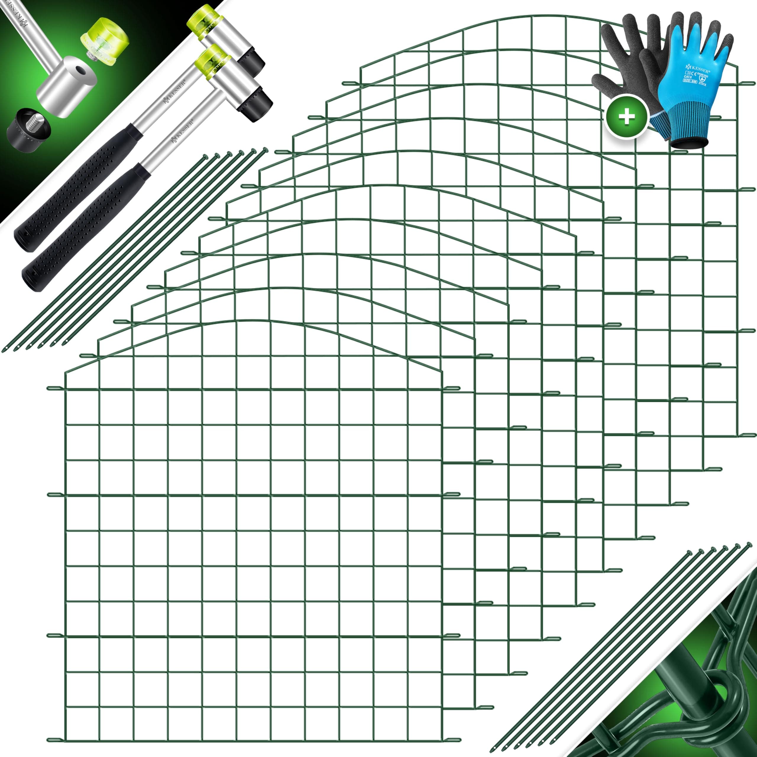 KESSER® Teichzaun Gartenzaun Steckzaun Komplettset Metall 10x Oberbogen Rund Inkl. Handschuhe, 2x Hammer + 12 Befestigungsstäben, Zaun zum stecken für Garten, Gitterzaun Set Freigehege für Tiere