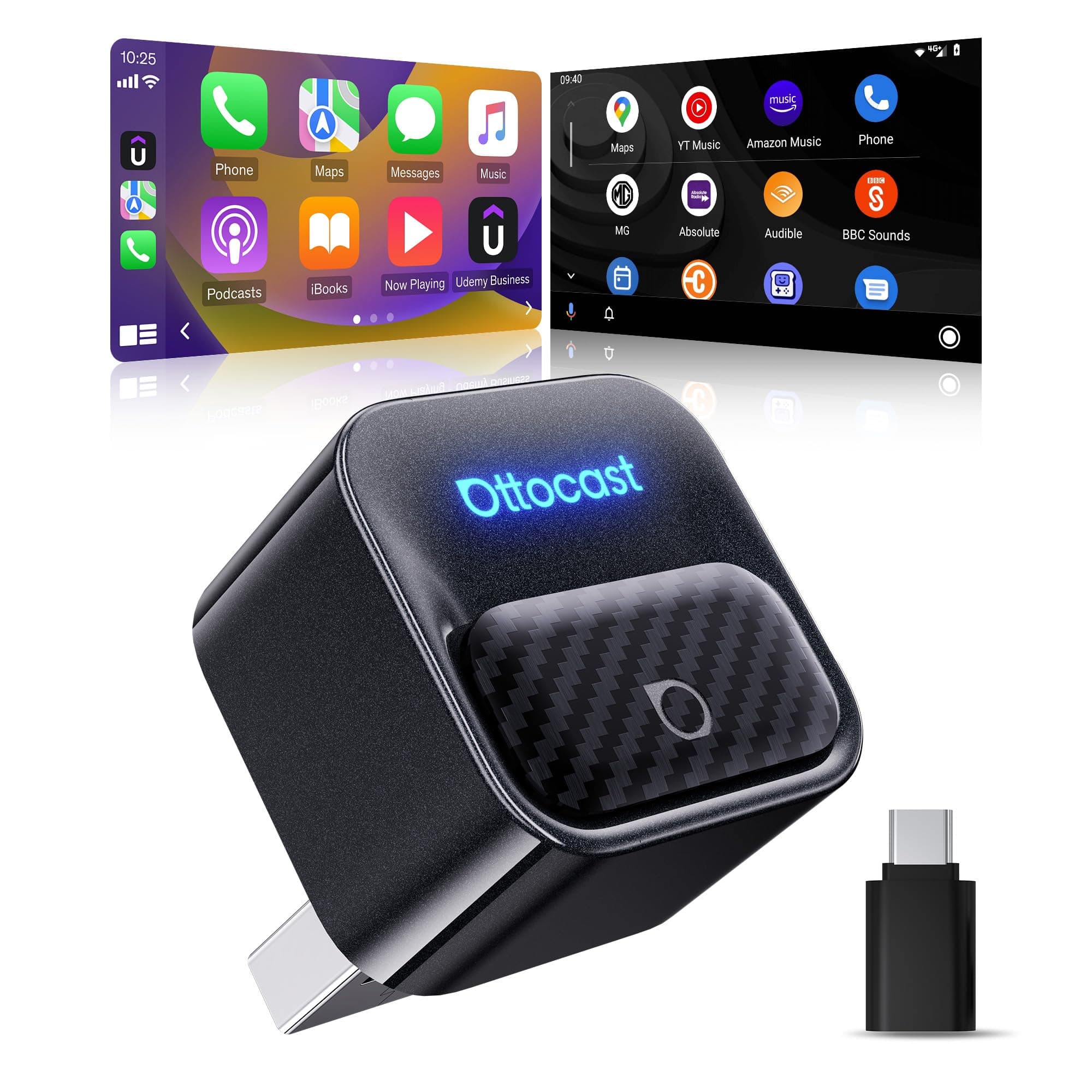 Ottocast Mini Core 2026 Adattatore CarPlay Wireless & Android Auto, Plug & Play, Cambio telefono con un tasto, WiFi 6 + BT 5.4, Riconnessione automatica, Per iPhone 6+ (iOS 10+) e Android 11+