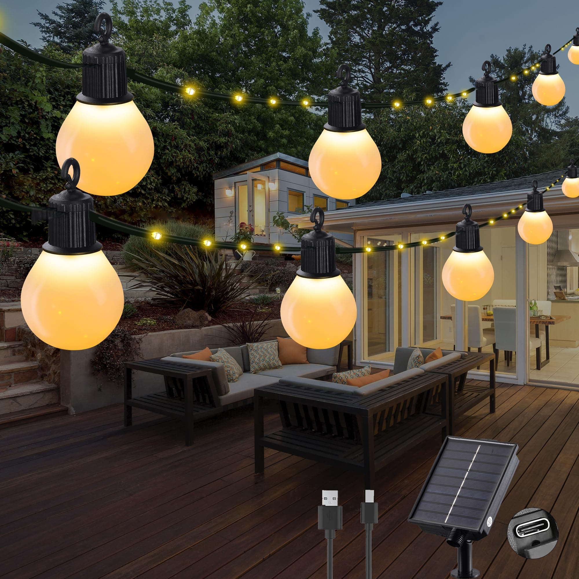 Tacobey Guirnaldas de Luces Exterior Solar, 【Carga USB】 10M 100 LED Cadena de Luz Solares con 20 Bombillas, IP65 Impermeable Luminosas Exterior Deco para Jardín, Patio, Fiesta,Terraza (Blanco Cálido)