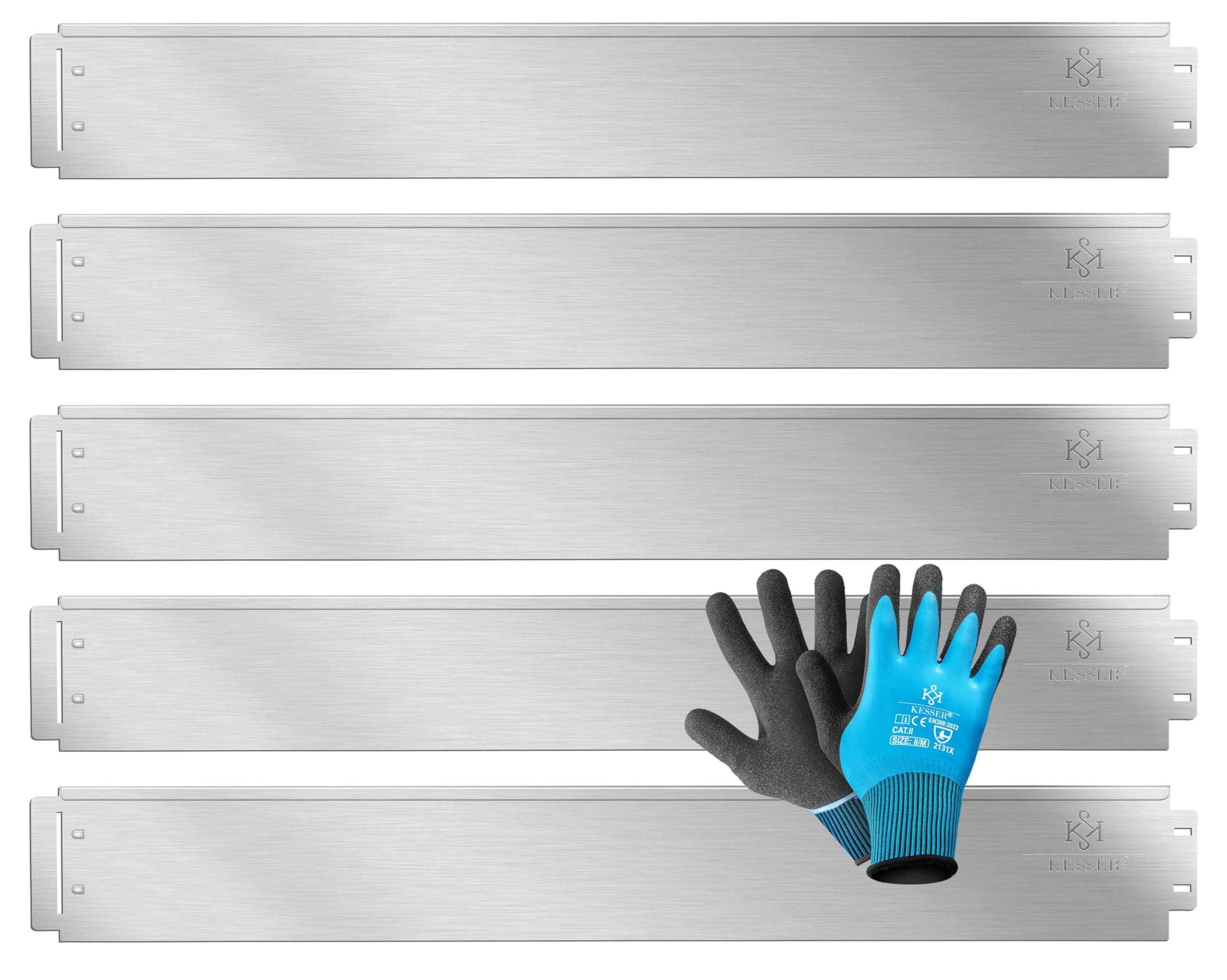 KESSER® Rasenkante Beeteinfassung Beetumrandung + Handschuhe 10m 100x14cm Beetbegrenzung Rasenbleche Mähkante Metall Palisade Silber