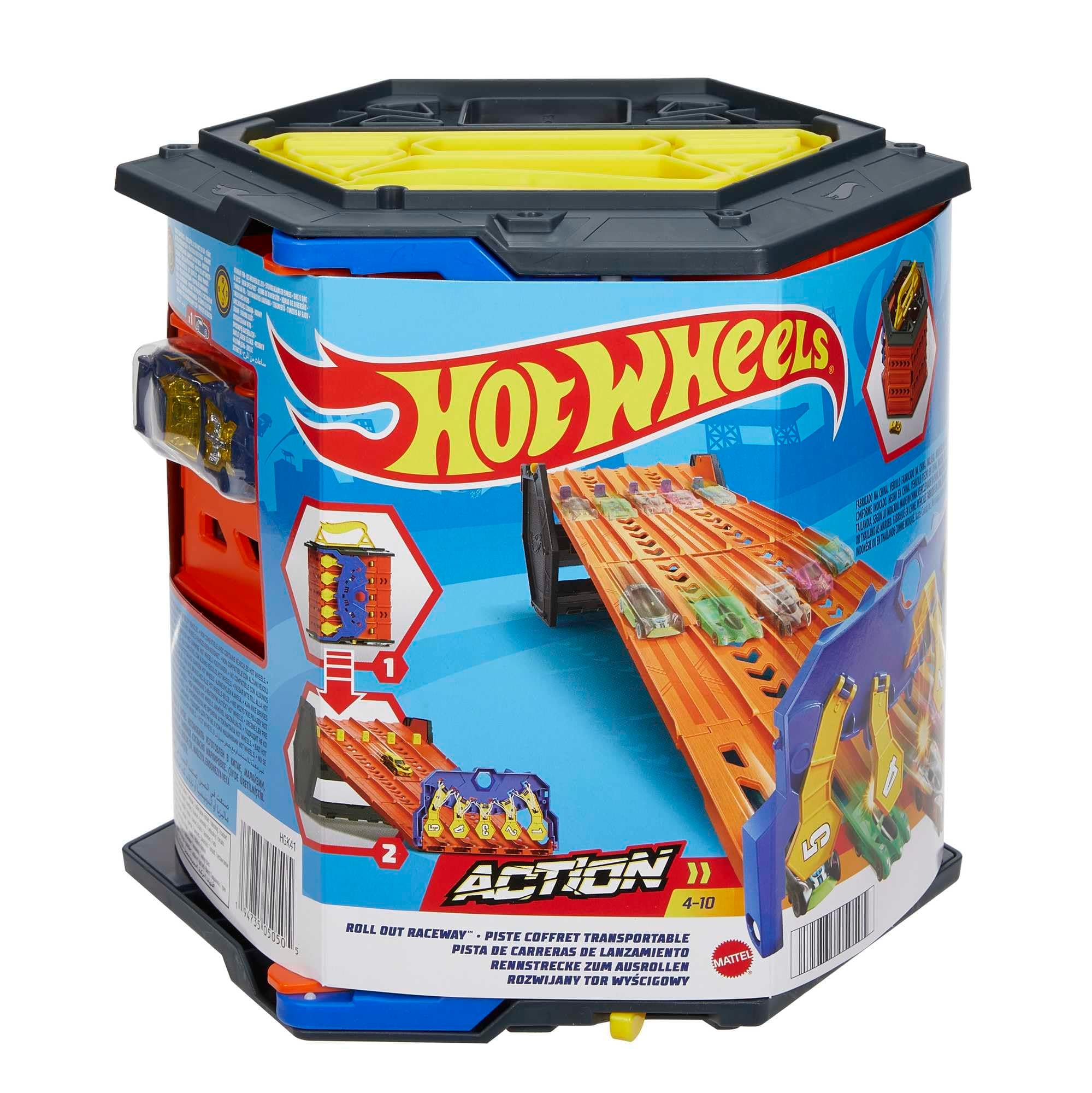 Hot Wheels- Pista Srotolabile Super Discesa, Bauletto si Trasforma in Pista a 5 Corsie, Include 1 Macchinina in Scala 1:64, Imballaggio Sostenibile, Giocattolo per Bambini 4-10 Anni, HGK41