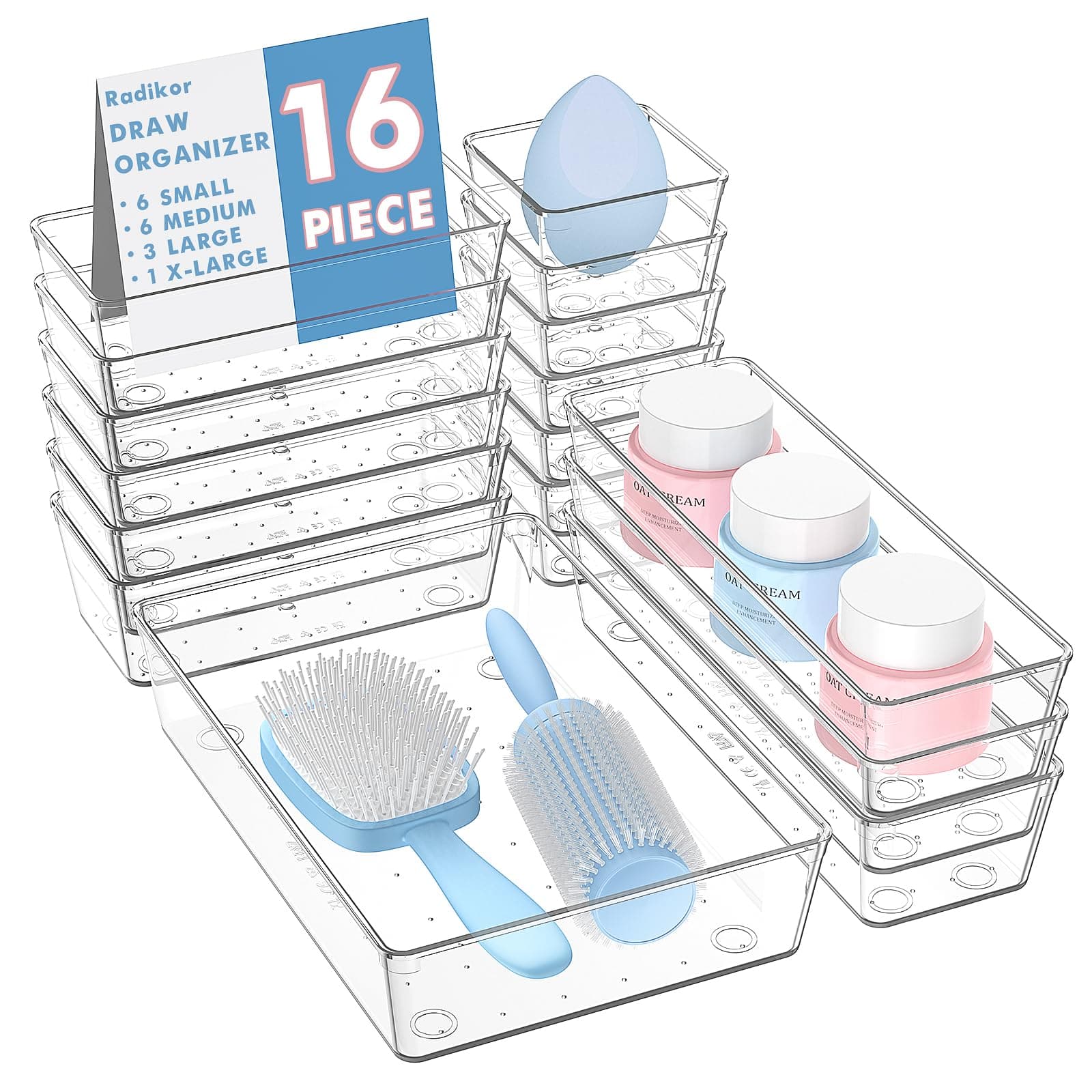 Radikor Organizer Cassetti 16 Pezzi, Contenitori per cassetti in Plastica Trasparente di 4 Dimensioni, Divisori per Cassetti Impilabili per Bagno, Cucina, Trucchi