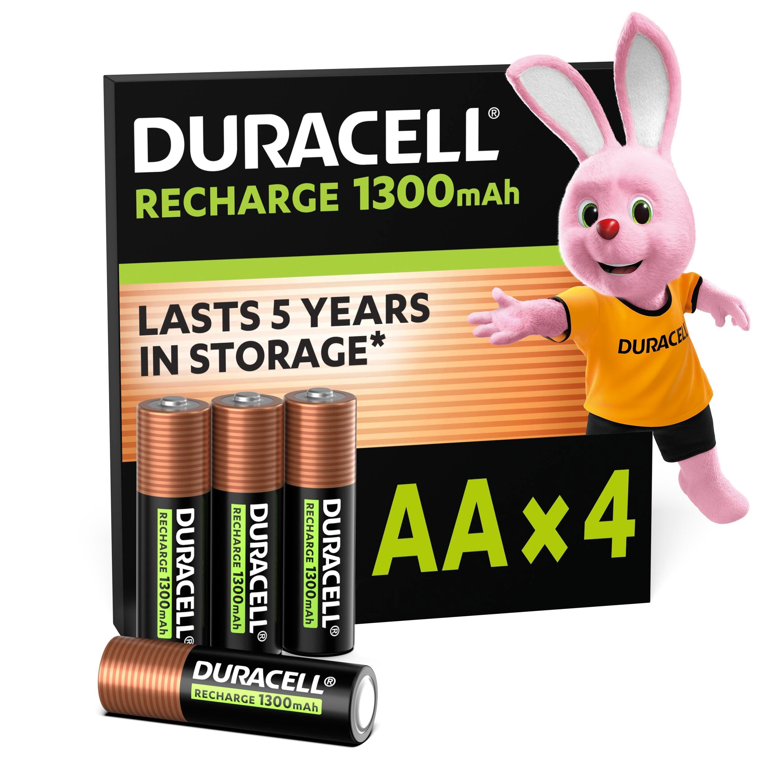 Duracell pilas recargables AA (Paquete de 4), 1300 mAh NiMH, 2000 ciclos de recarga, precargadas, gran duración, con 0% plástico 100% embalaje reciclable