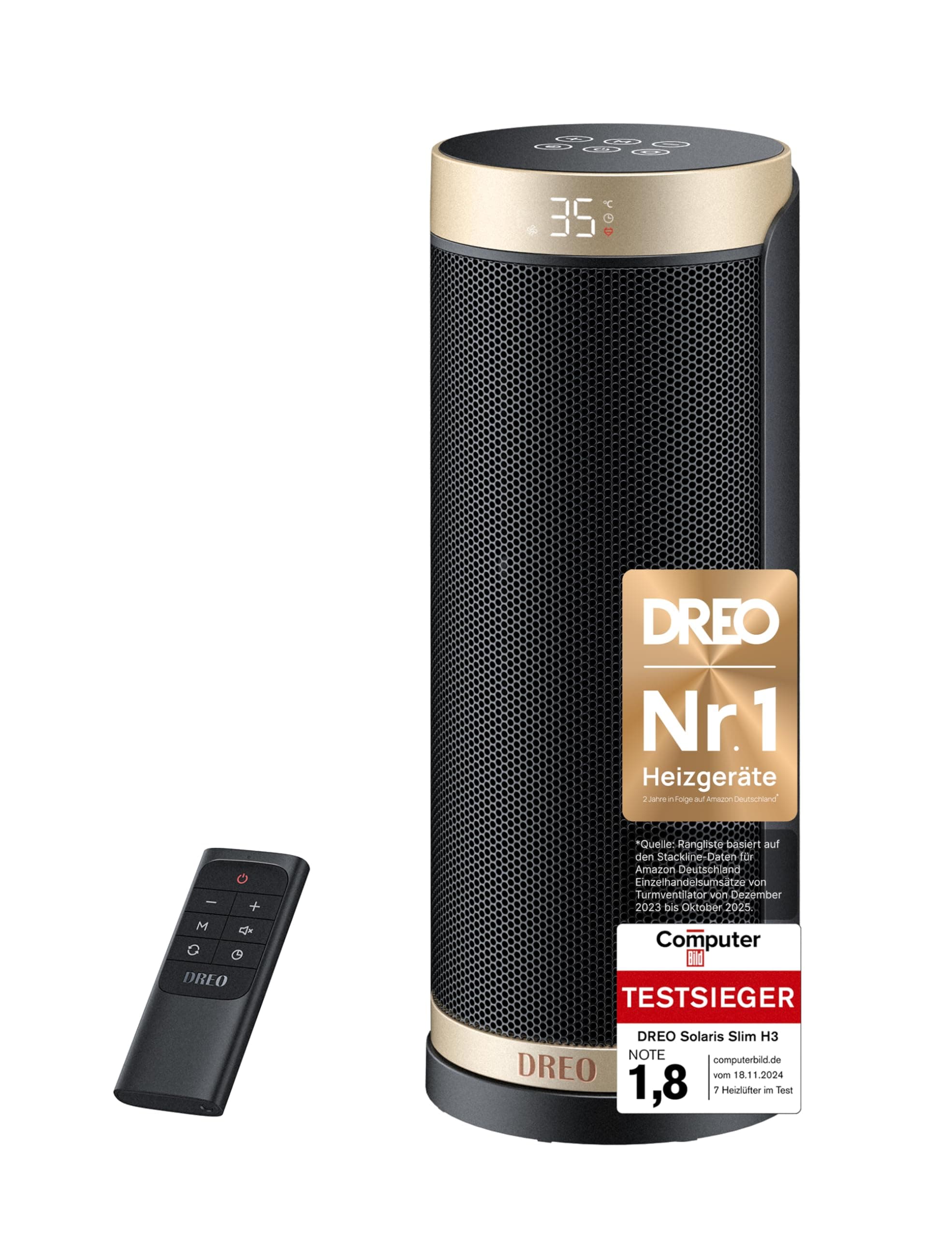 Dreo Heizlüfter Energiesparend, PTC Keramik Heizlüfte Leise, 70° Oszillierend Elektroheizung mit Fernbedienung, 12-Std-Timer, 3 Modus 3 Geschwindigkeit, Überhitzungs-Kippschutz, Solaris Slim H3